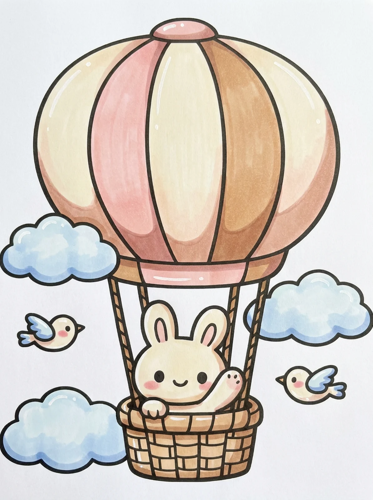 Bunny in a Hot Air Balloon coloring page, colored in