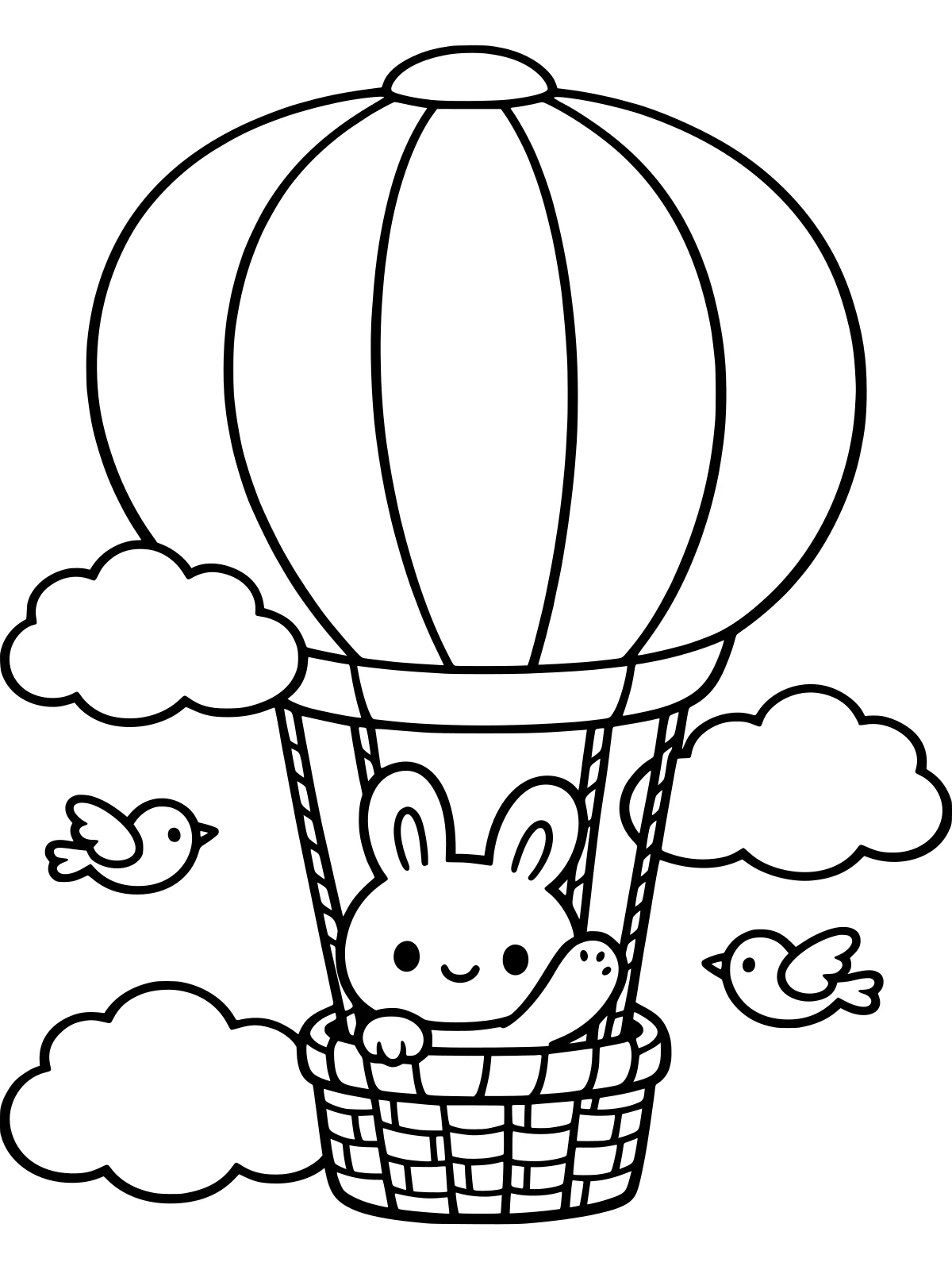 Bunny in a Hot Air Balloon coloring page: a cute bunny waves from the basket of a big hot air balloon floating past three round clouds and two birds, bold and easy line art