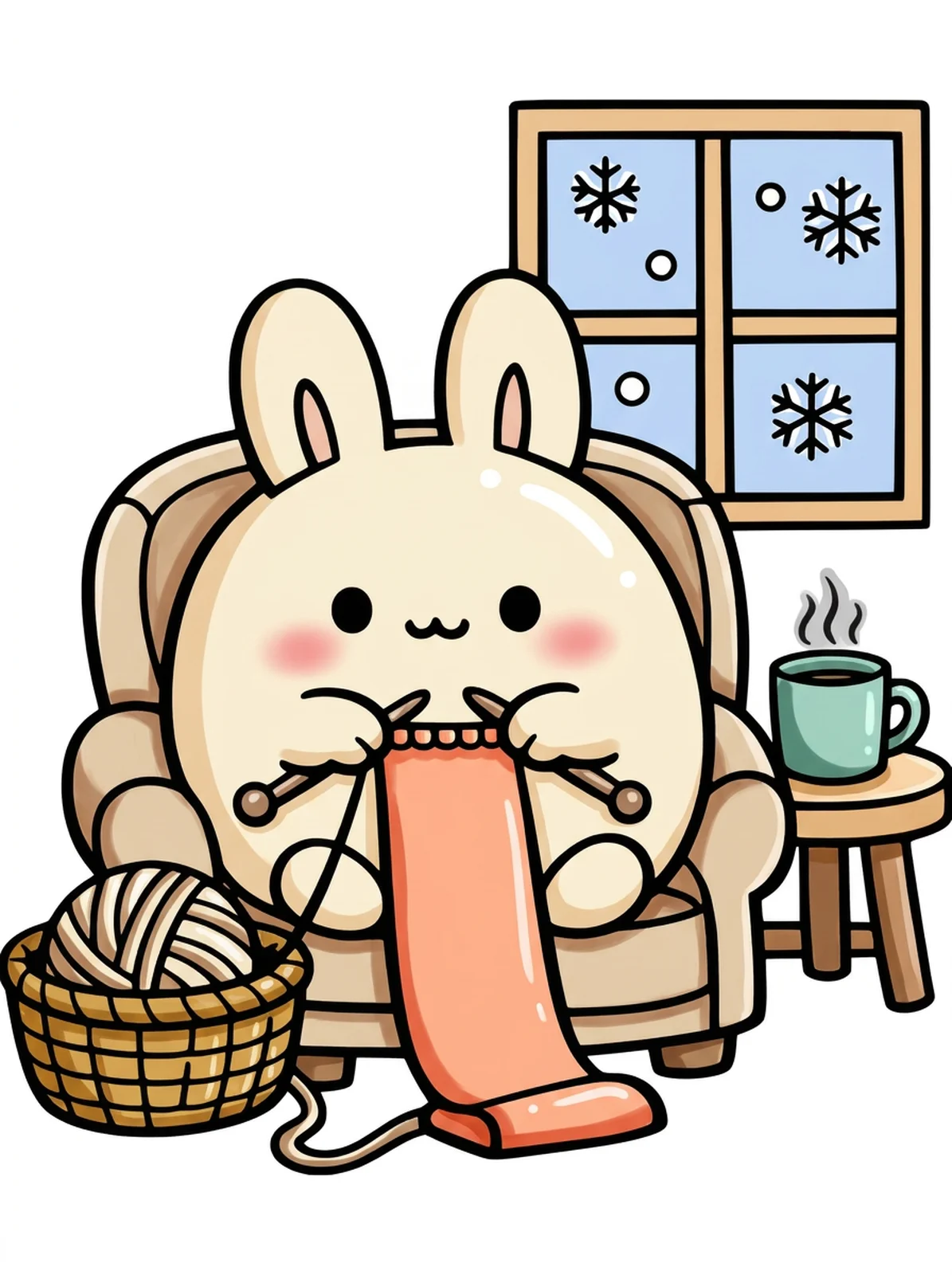 Bunny Knitting on a January Evening coloring page, colored in