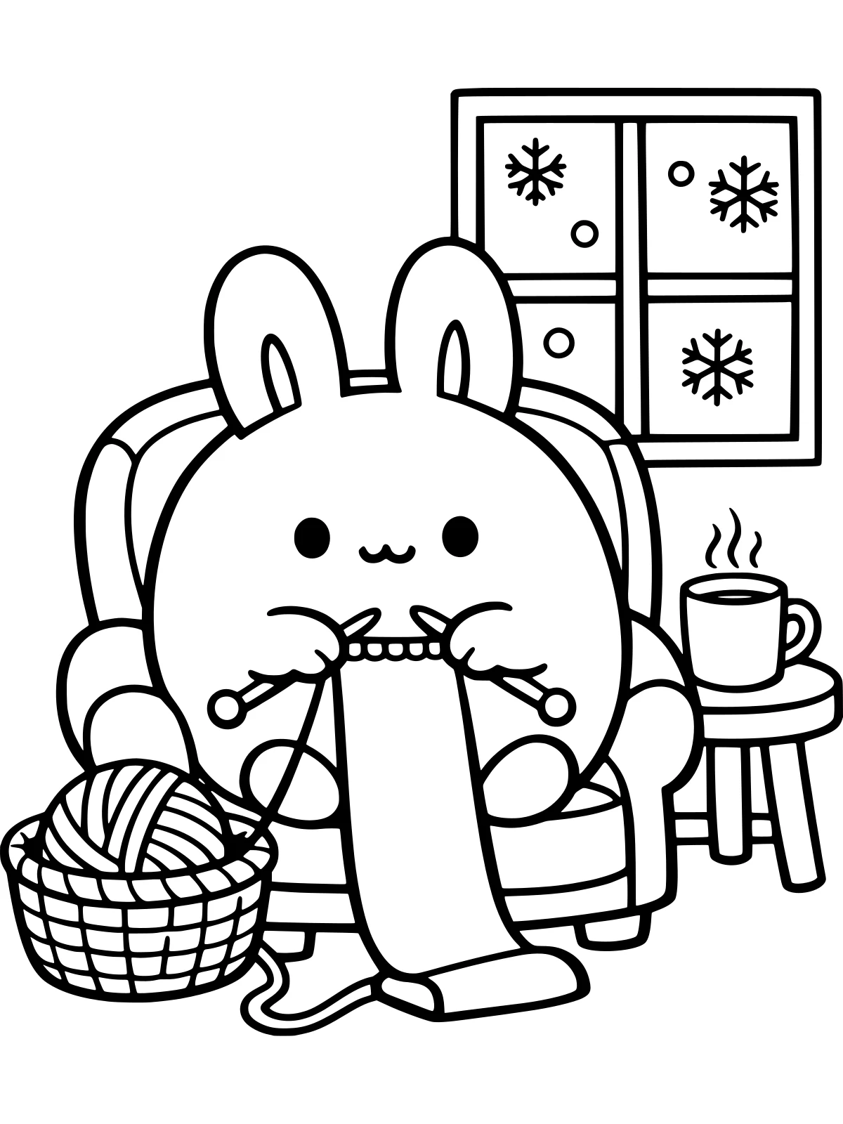 Bunny Knitting on a January Evening coloring page: a round bunny knits a smooth scarf in a cozy armchair, with a ball of yarn in a basket, a mug of tea and a snowy window, bold and easy line art