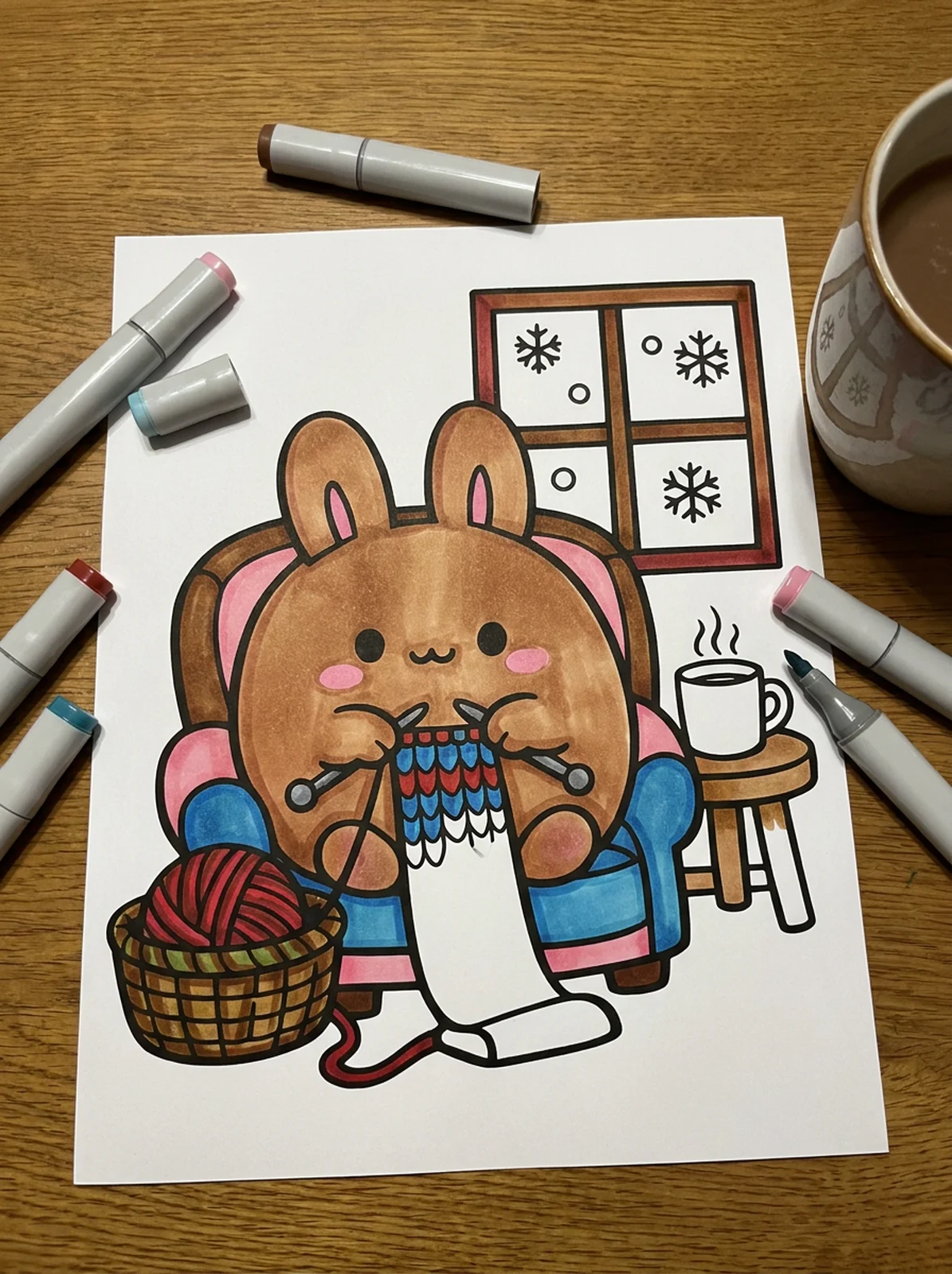 Bunny Knitting on a January Evening coloring page printed and half colored with markers