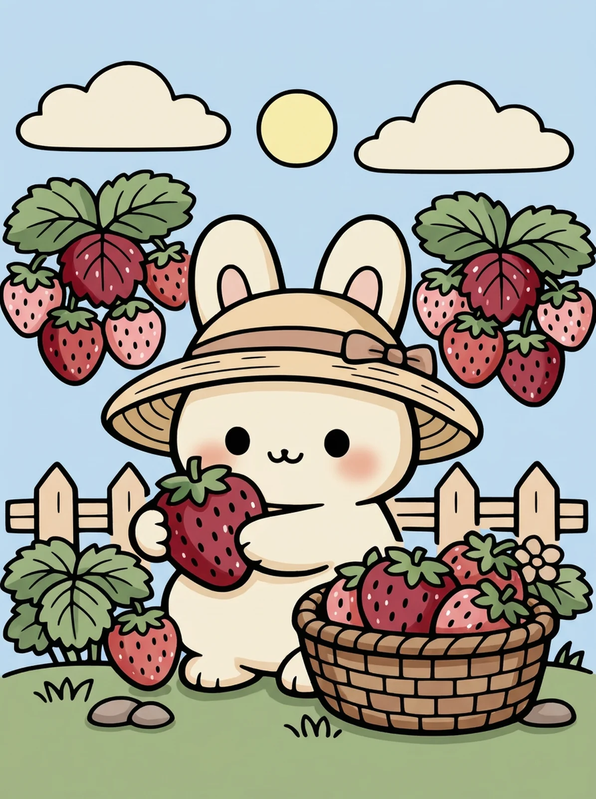 Bunny Picking Strawberries coloring page, colored in