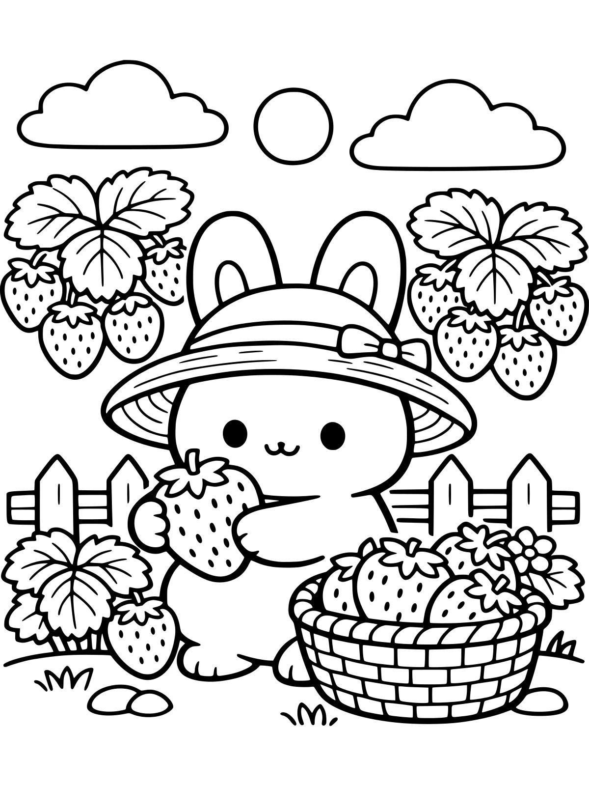 Bunny Picking Strawberries coloring page: a cute bunny in a sun hat picks big strawberries into a basket beside leafy strawberry plants and a small fence, bold and easy line art