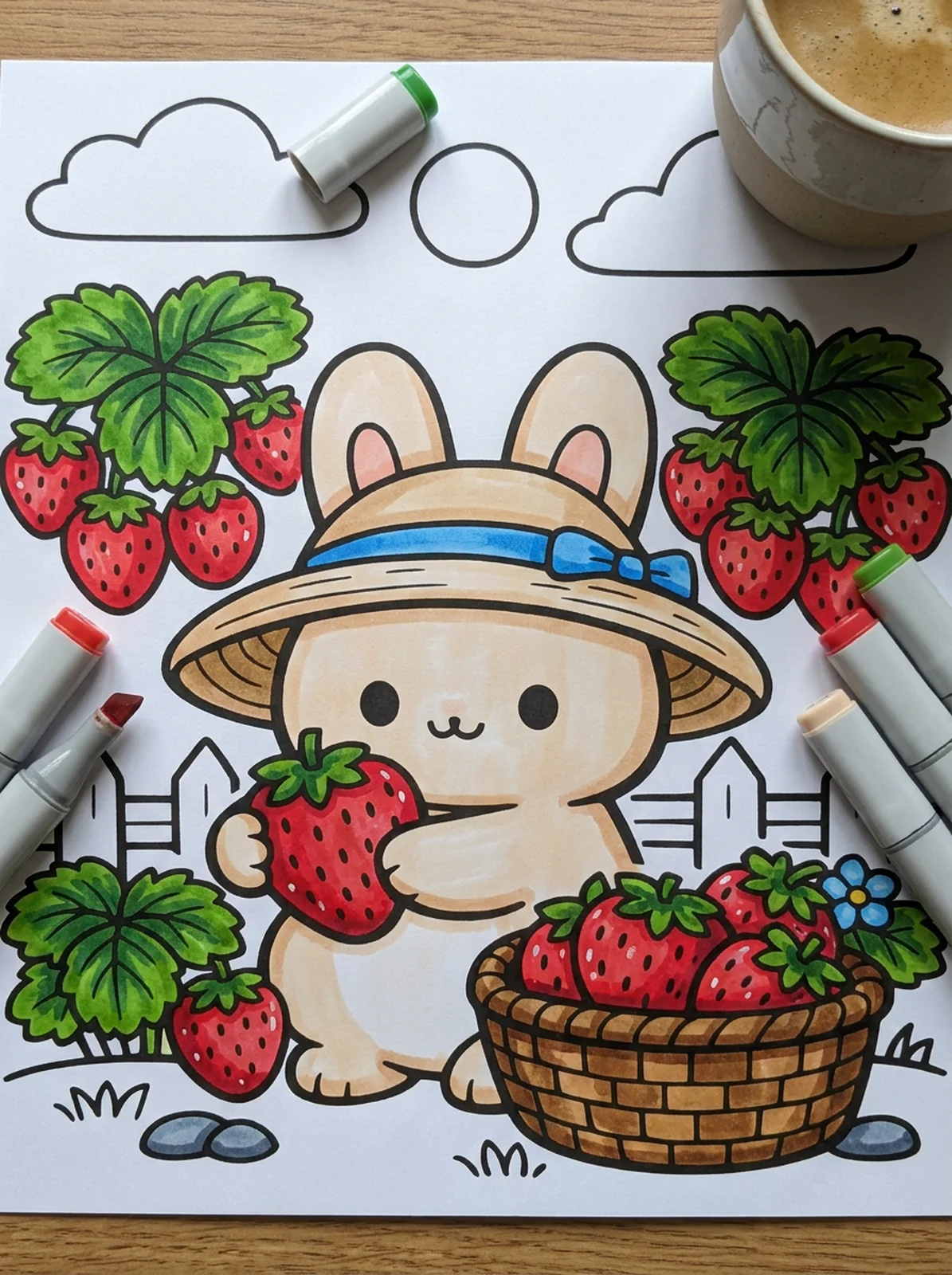 Bunny Picking Strawberries coloring page printed and half colored with markers