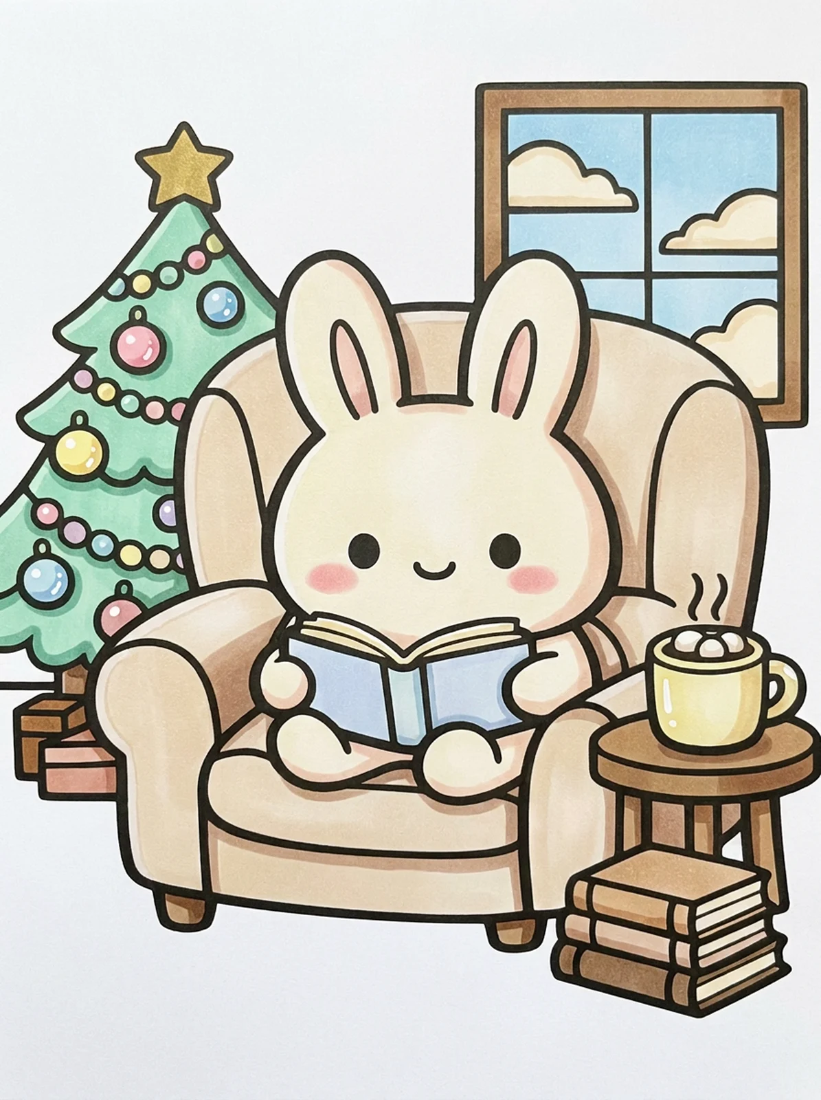 Bunny Reading by the Christmas Tree coloring page, colored in