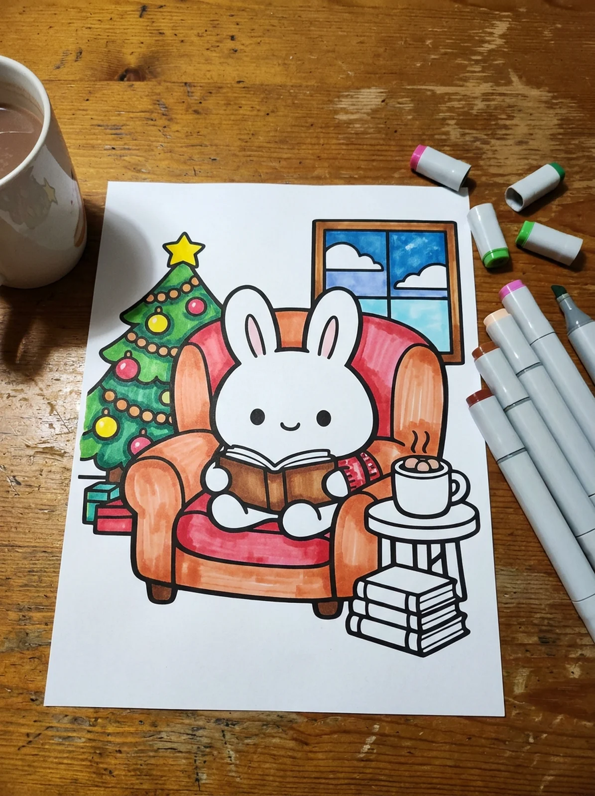 Bunny Reading by the Christmas Tree coloring page printed and half colored with markers