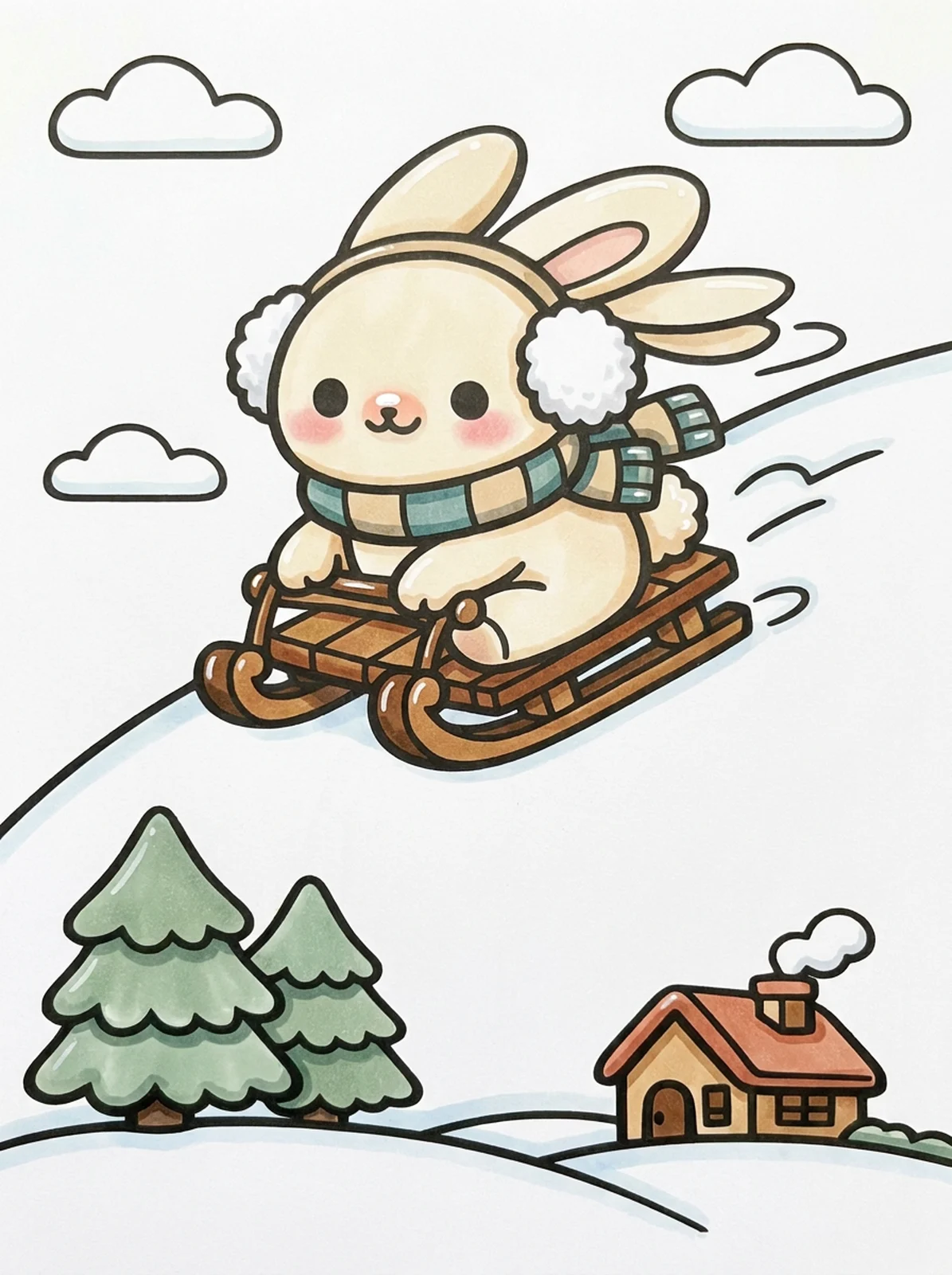 Bunny Sledding Down a Snowy Hill coloring page, colored in