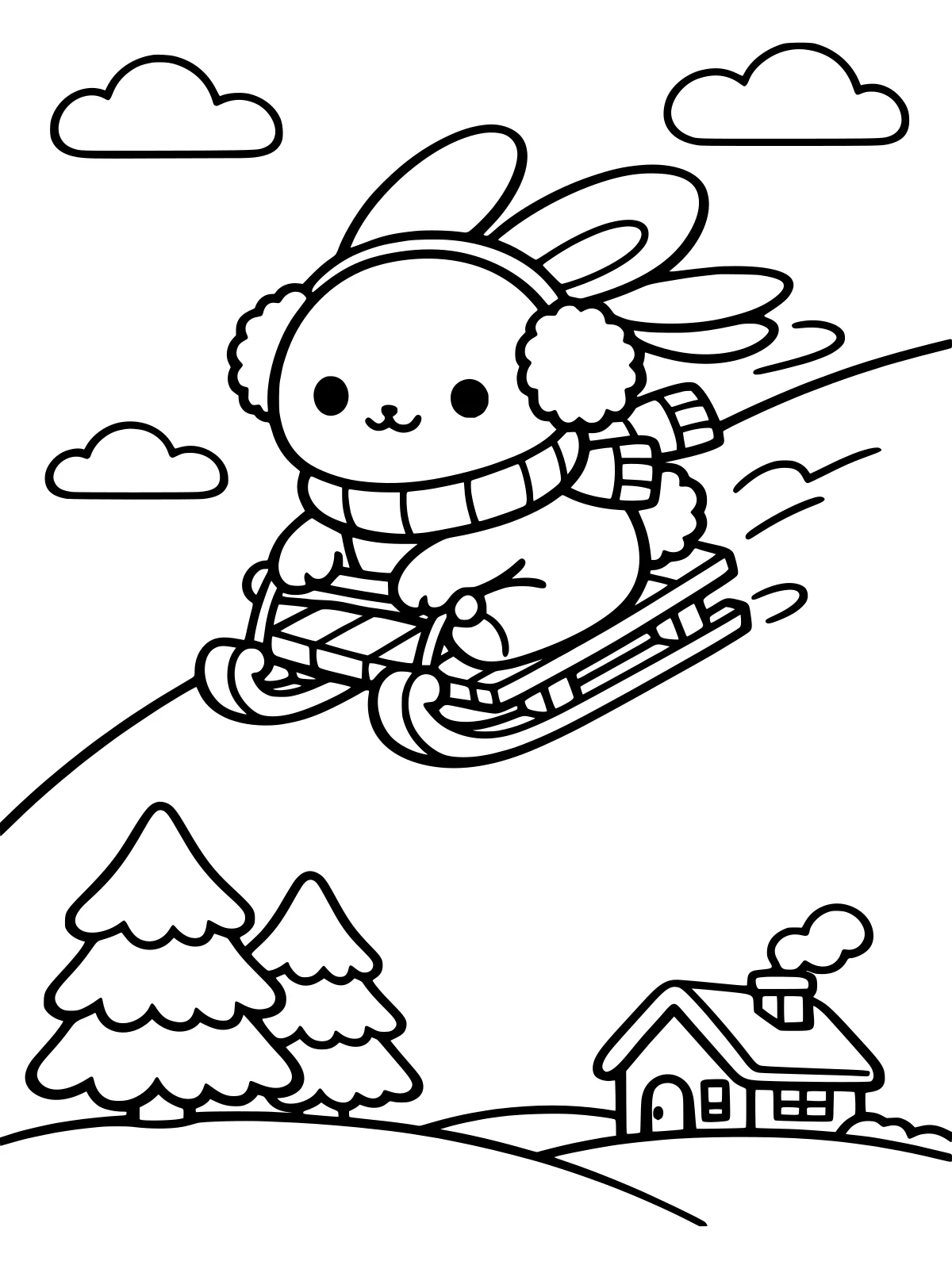Bunny Sledding Down a Snowy Hill coloring page: a happy bunny in earmuffs zooms down a snowy hill on a wooden sled, ears flying back, toward two pine trees and a little house, bold and easy line art