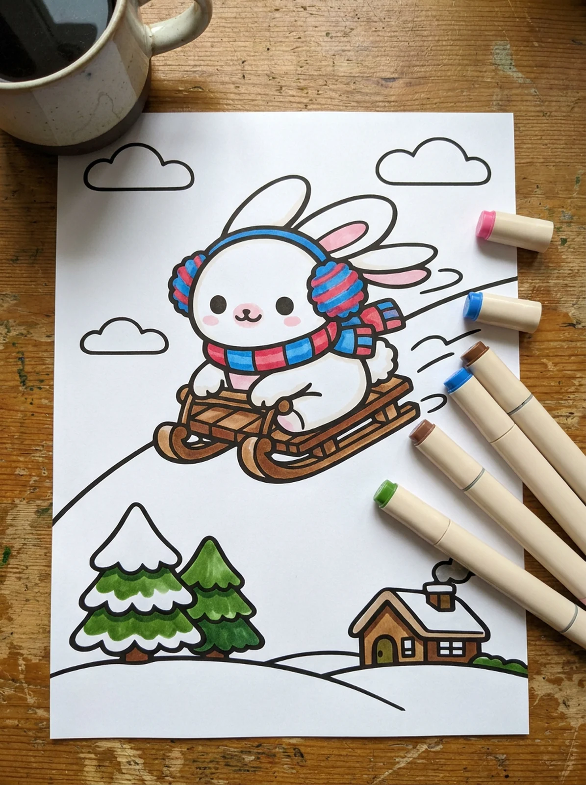 Bunny Sledding Down a Snowy Hill coloring page printed and half colored with markers
