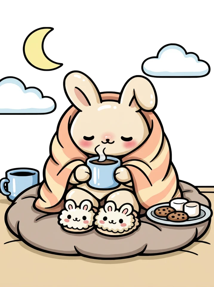 Bunny Wrapped in a Blanket with Cocoa coloring page, colored in