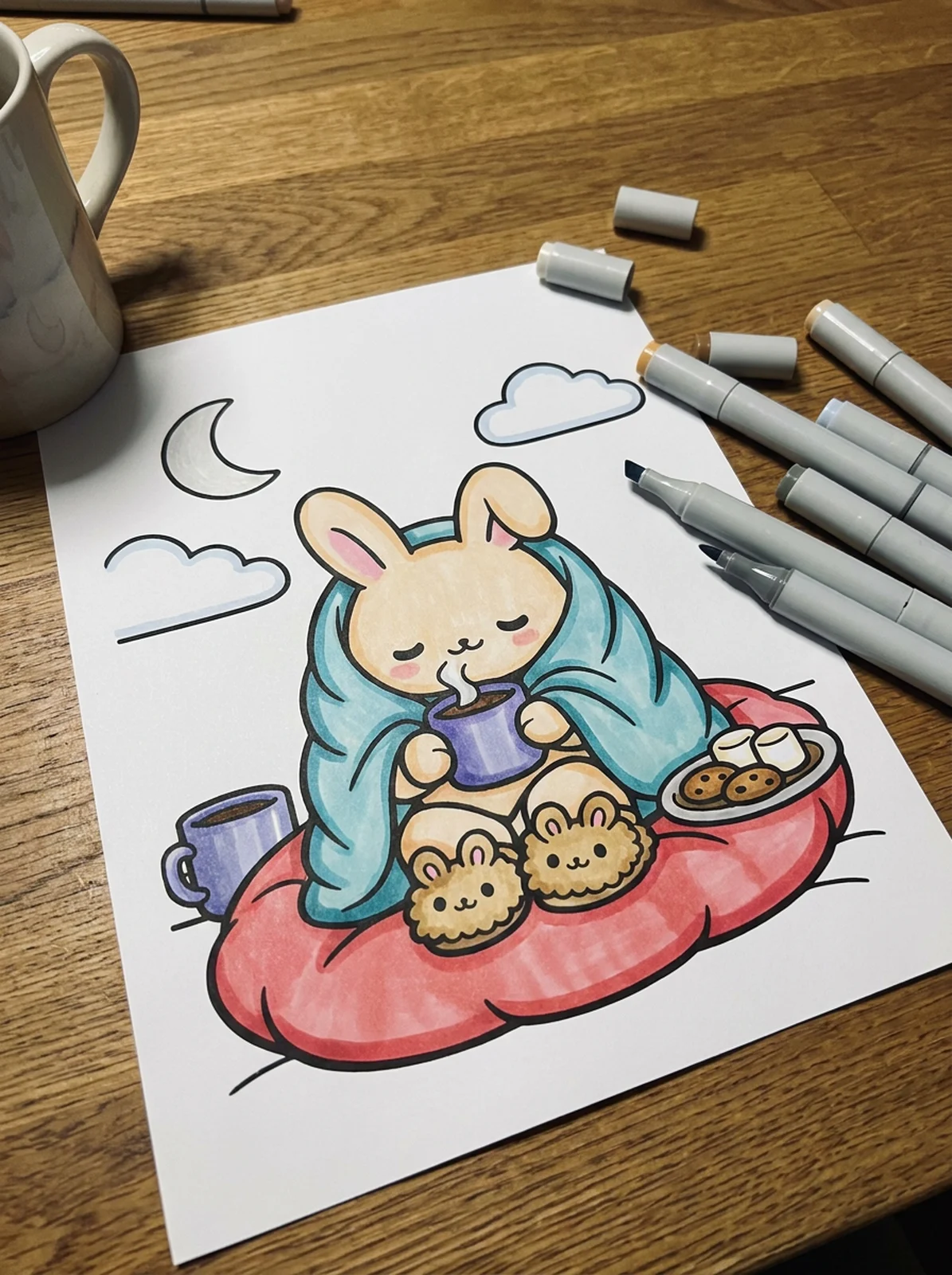 Bunny Wrapped in a Blanket with Cocoa coloring page printed and half colored with markers