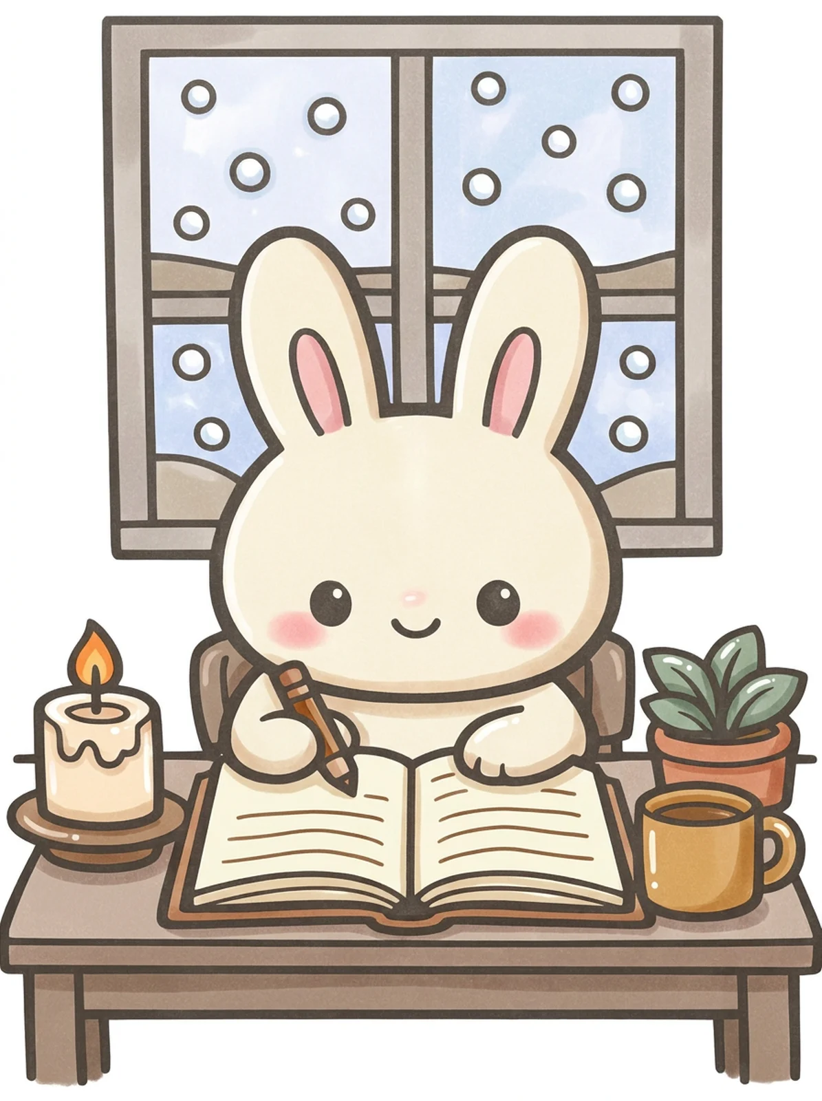 Bunny Writing New Year Wishes coloring page, colored in
