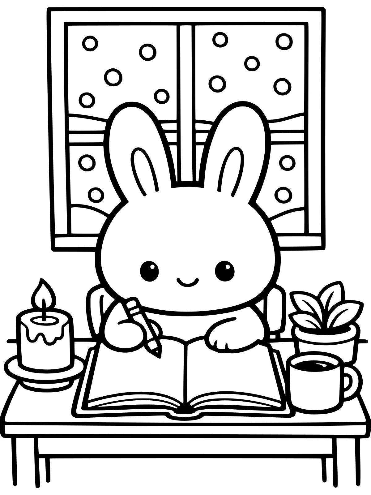 Bunny Writing New Year Wishes coloring page: a cute bunny writes new year wishes in a big notebook at a small desk with a candle, a mug of tea and a snowy window, bold and easy line art