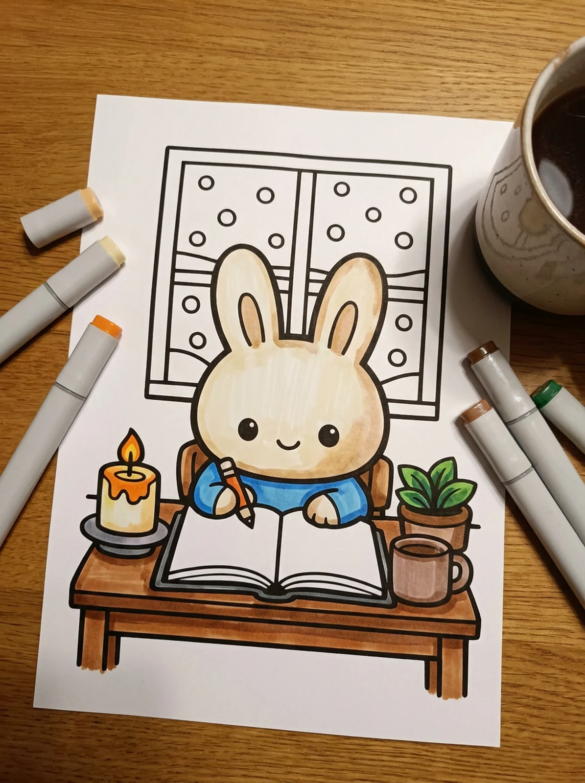 Bunny Writing New Year Wishes coloring page printed and half colored with markers