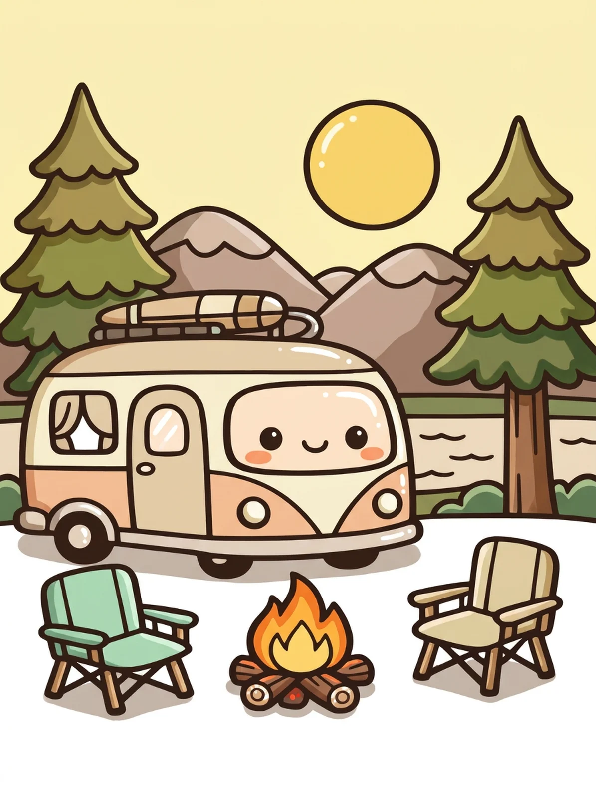Camper Van by the Lake coloring page, colored in