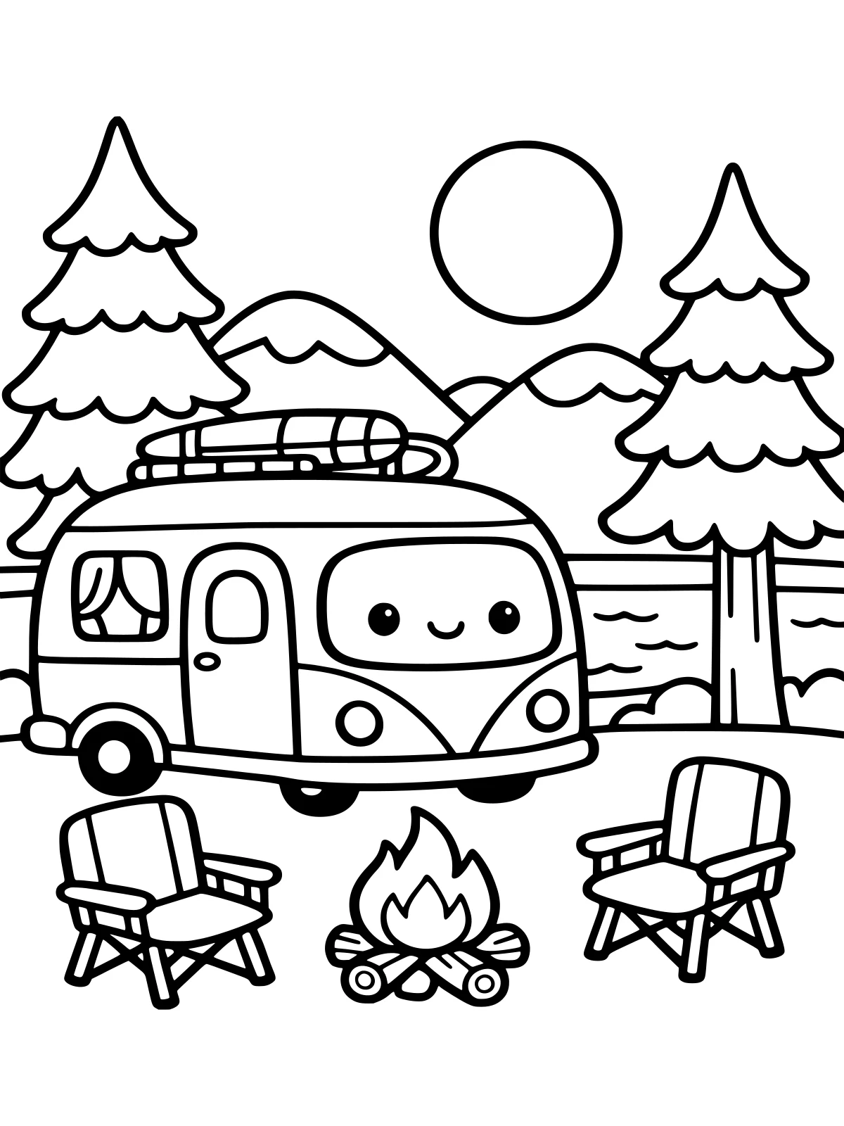Camper Van by the Lake coloring page: a cute rounded camper van parked by a lake with two camping chairs, a small campfire, pine trees and rounded mountains, bold and easy line art