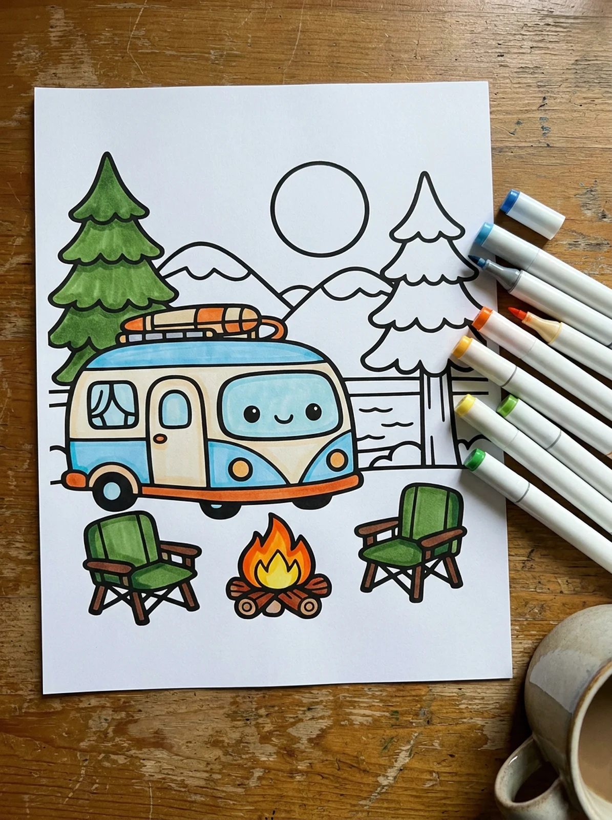 Camper Van by the Lake coloring page printed and half colored with markers
