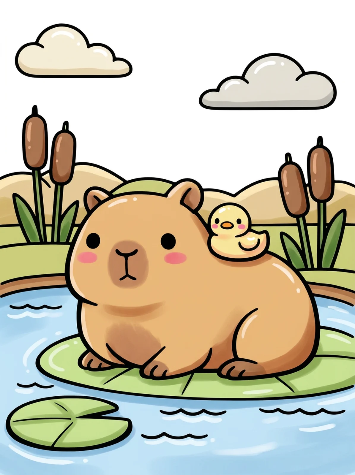 Capybara and Duckling Friends coloring page, colored in