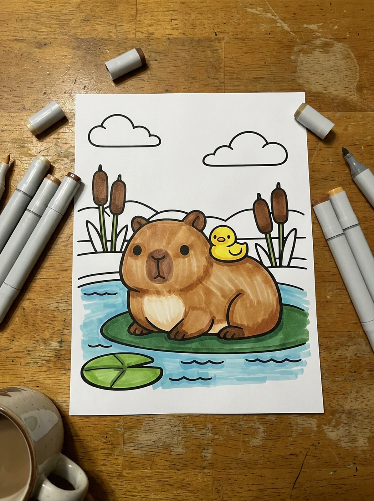 Capybara and Duckling Friends coloring page printed and half colored with markers