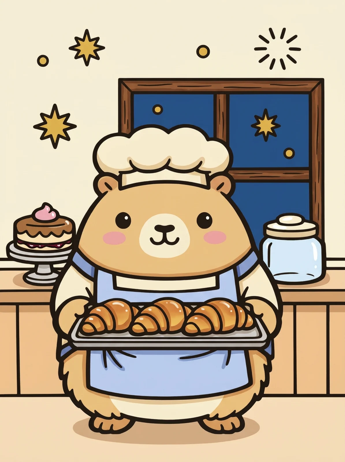 Capybara Baker with Croissants coloring page, colored in