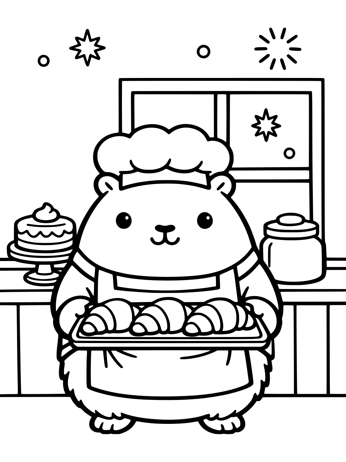 Capybara Baker with Croissants coloring page: a capybara in a chef's hat holds a tray of croissants at a bakery counter, with a cake on a stand, a glass jar and a starry window, bold and easy line art