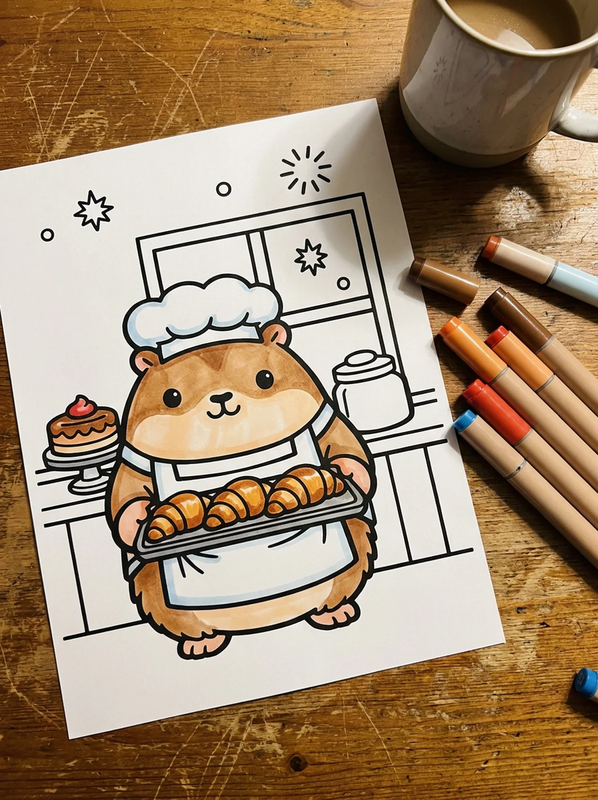 Capybara Baker with Croissants coloring page printed and half colored with markers