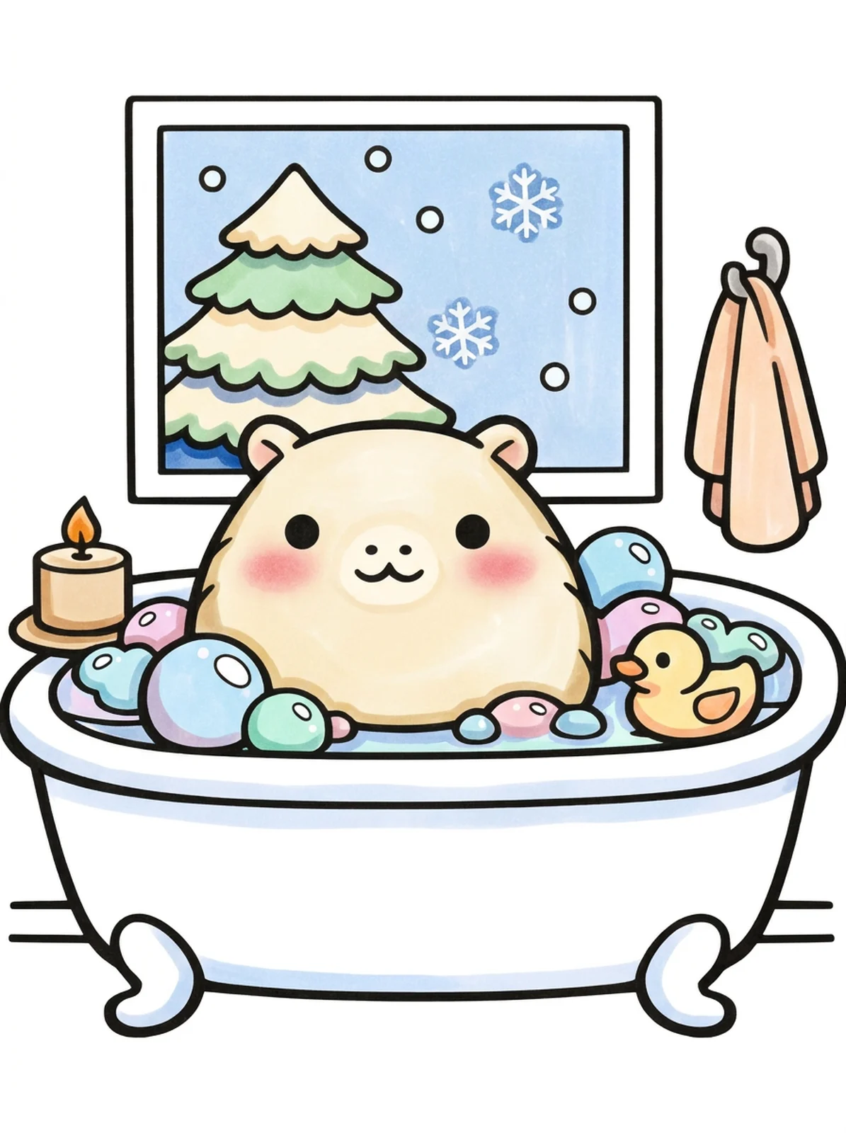 Capybara Bubble Bath by a Winter Window coloring page, colored in