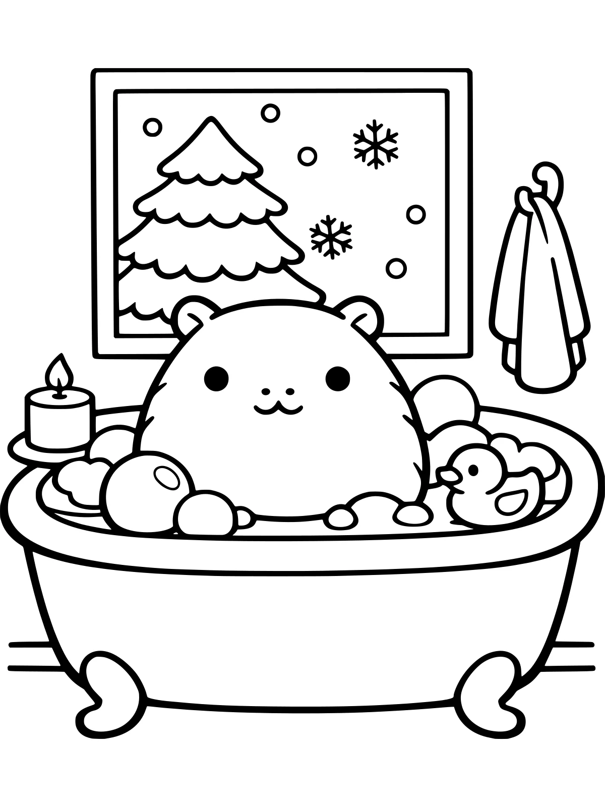 Capybara Bubble Bath by a Winter Window coloring page: a round capybara soaks in a clawfoot bubble bath by a window with a snowy pine outside, beside a candle, a rubber duck and a towel, bold and easy line art