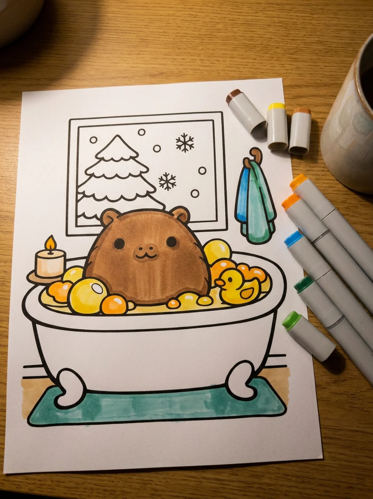 Capybara Bubble Bath by a Winter Window coloring page printed and half colored with markers
