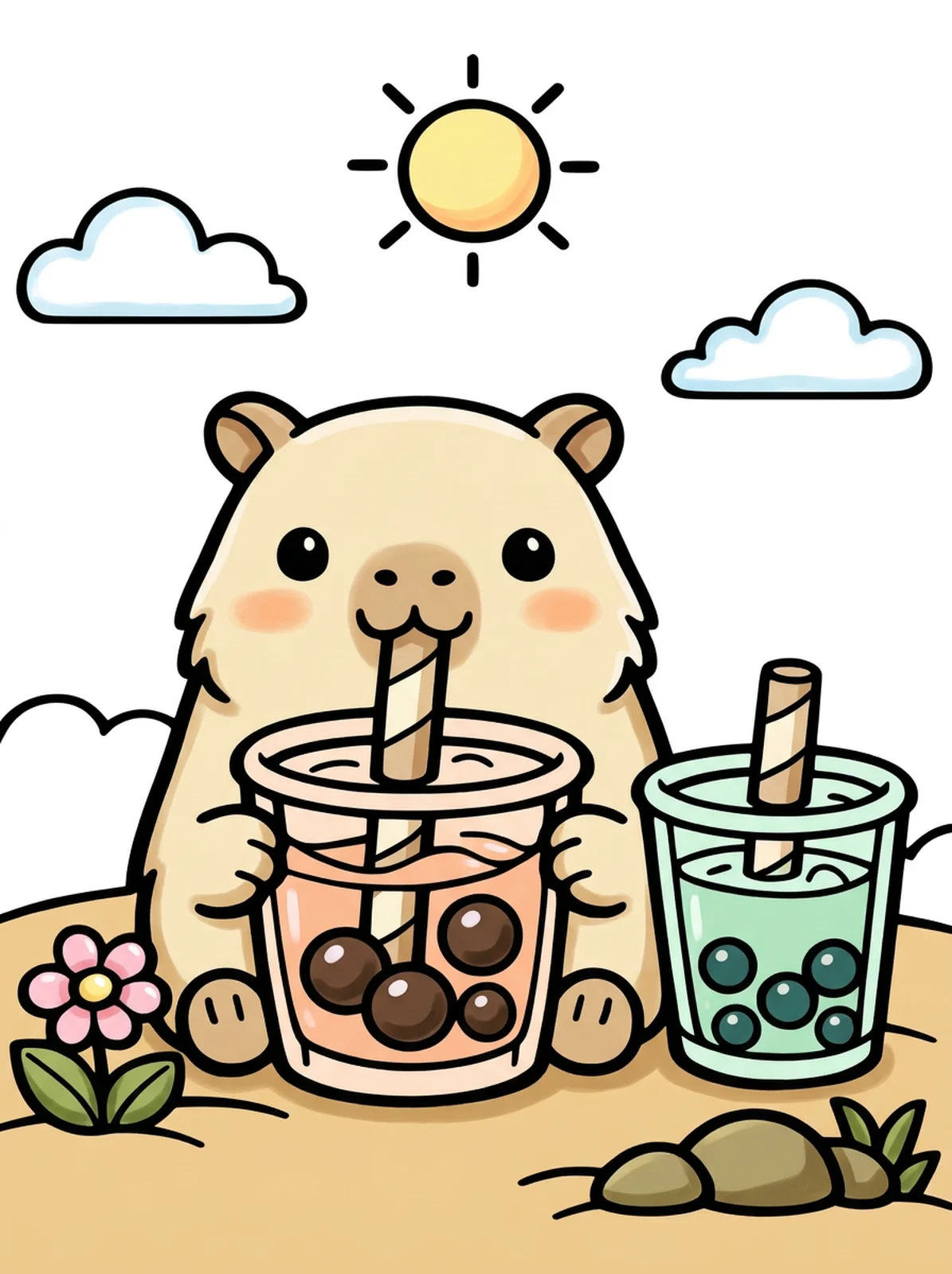 Capybara Drinking Boba Tea coloring page, colored in
