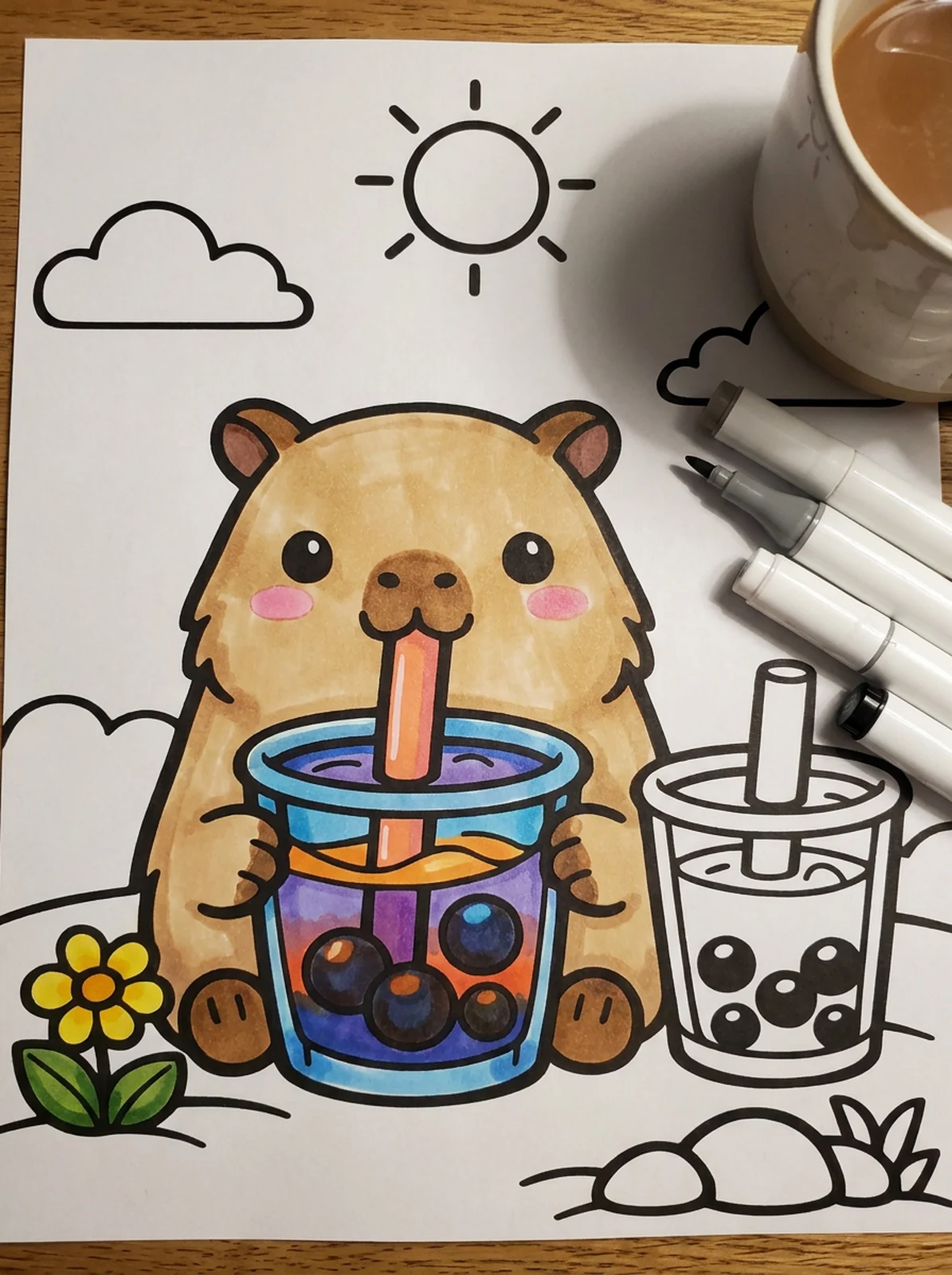 Capybara Drinking Boba Tea coloring page printed and half colored with markers