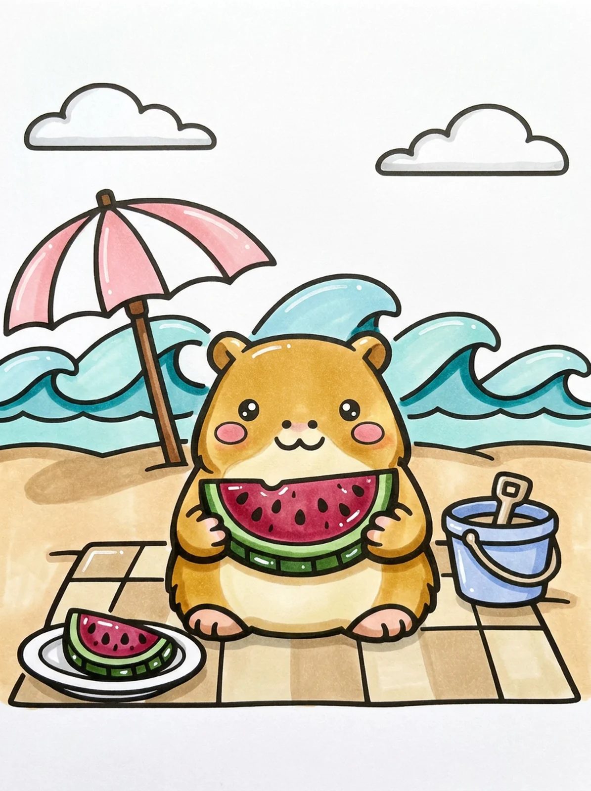 Capybara Eating Watermelon coloring page, colored in