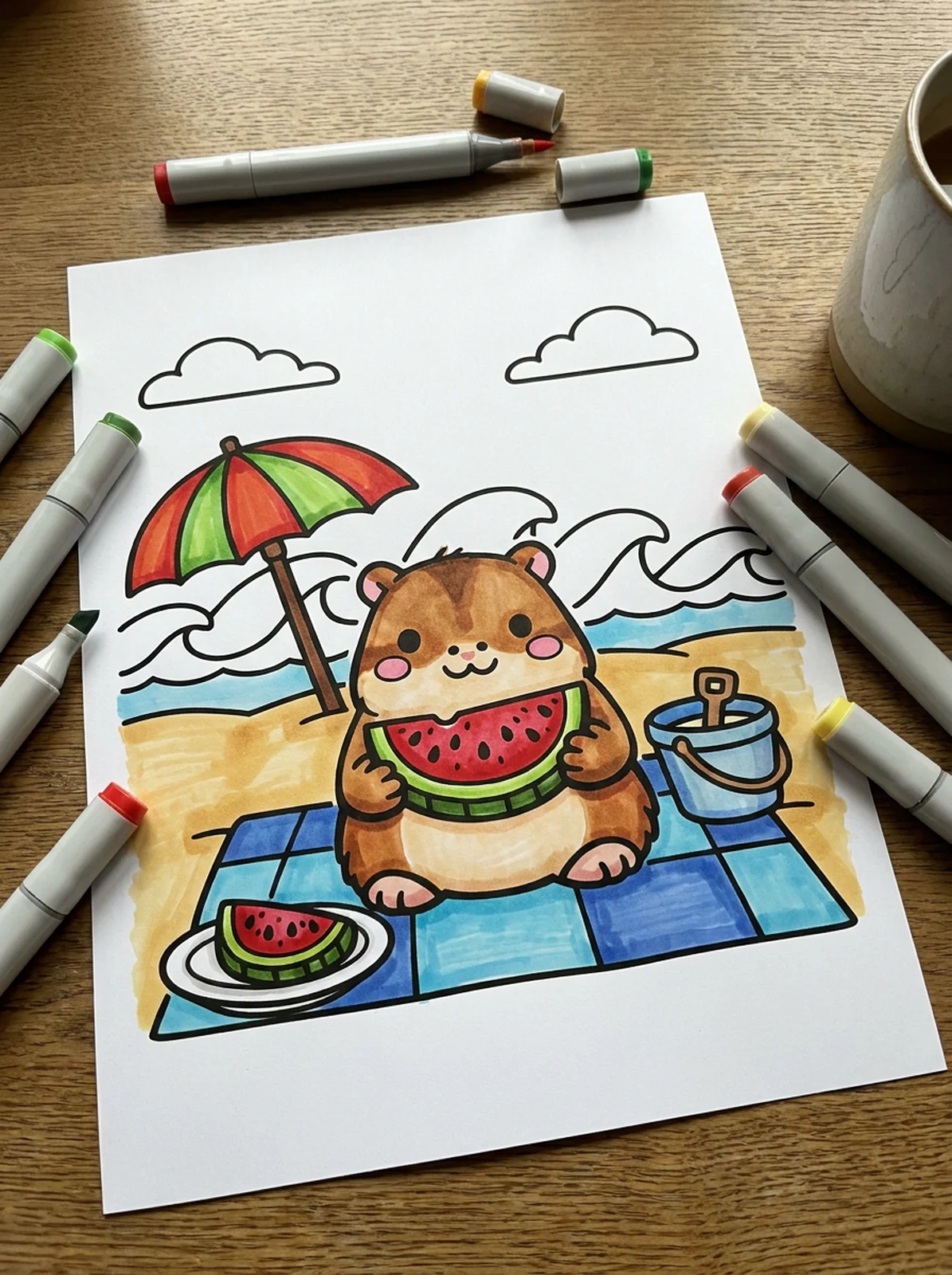 Capybara Eating Watermelon coloring page printed and half colored with markers