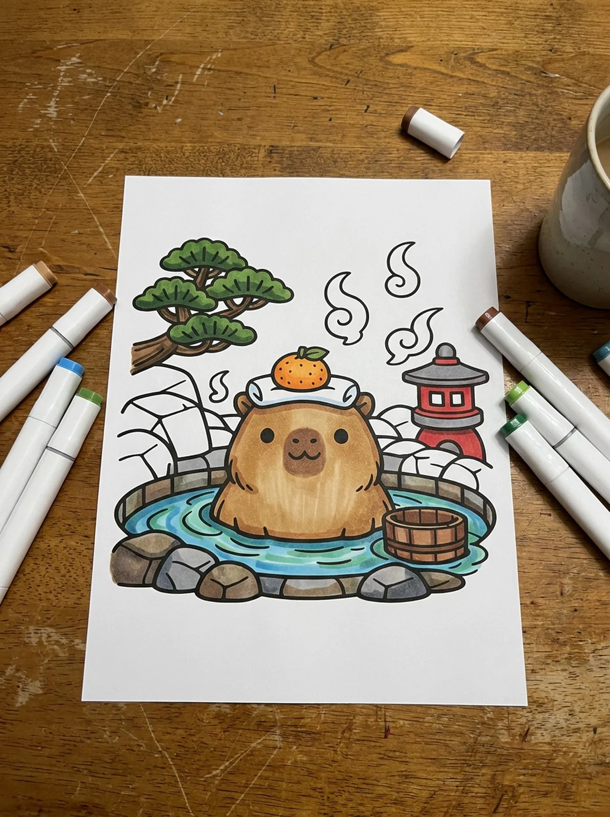Capybara in a Hot Spring coloring page printed and half colored with markers