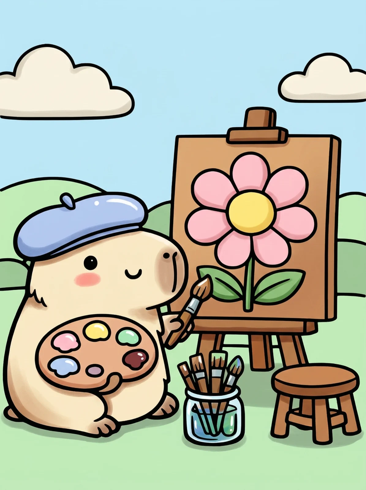 Capybara Painting at an Easel coloring page, colored in