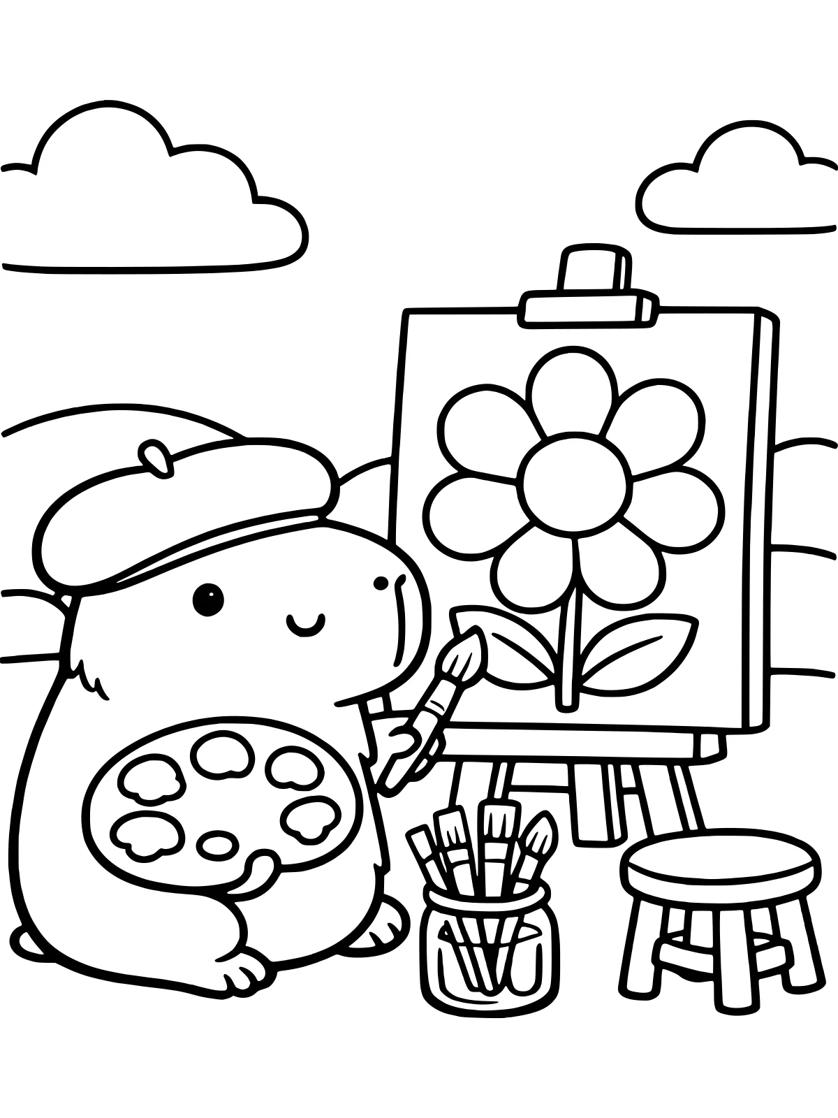 Capybara Painting at an Easel coloring page: a calm capybara in a beret paints a big flower on a canvas, with a paint palette, a jar of brushes and a stool, bold and easy line art