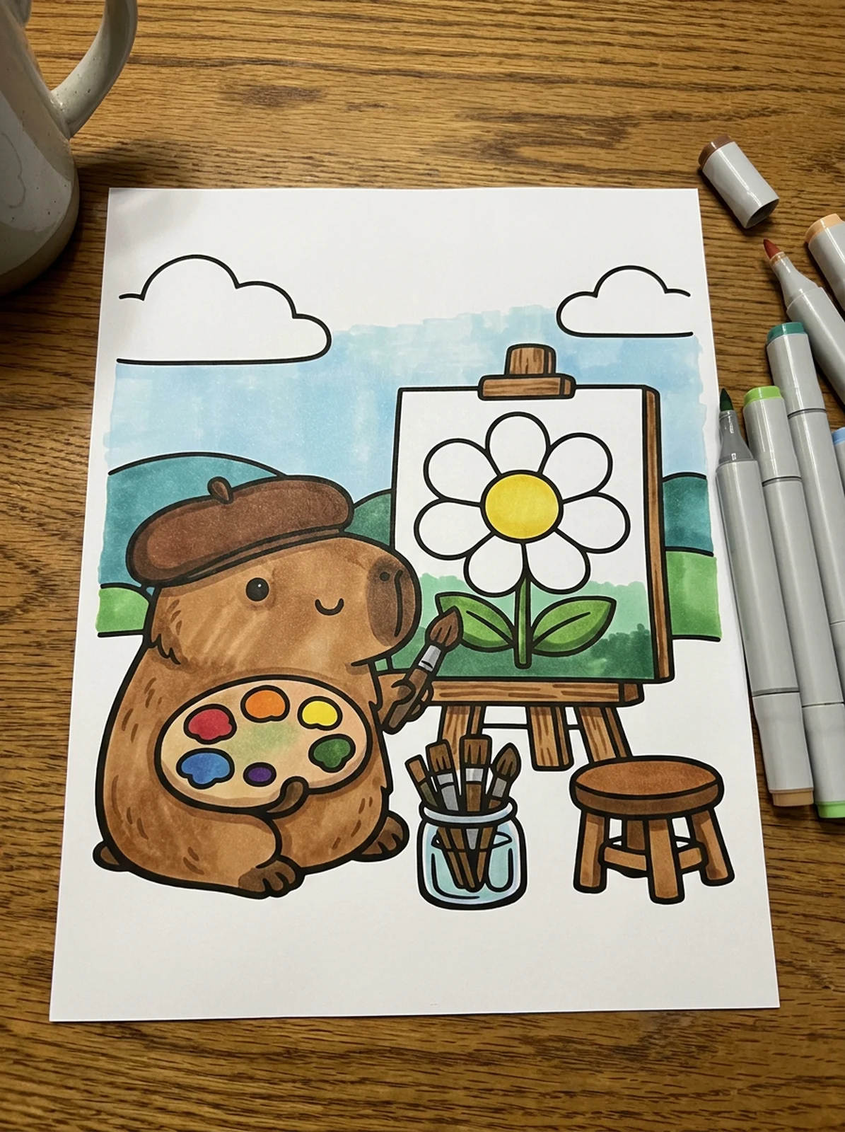 Capybara Painting at an Easel coloring page printed and half colored with markers