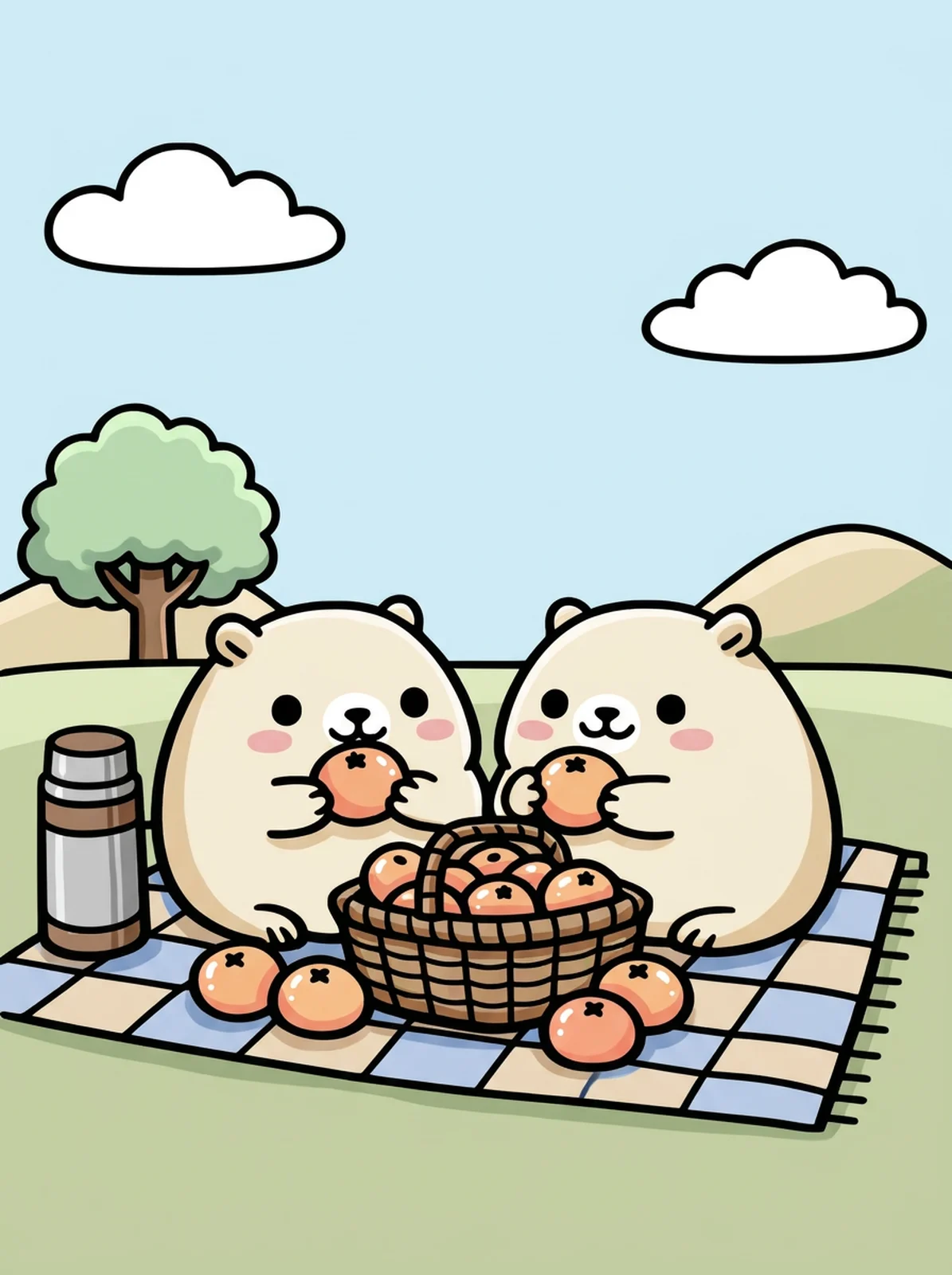 Capybara Picnic with Oranges coloring page, colored in