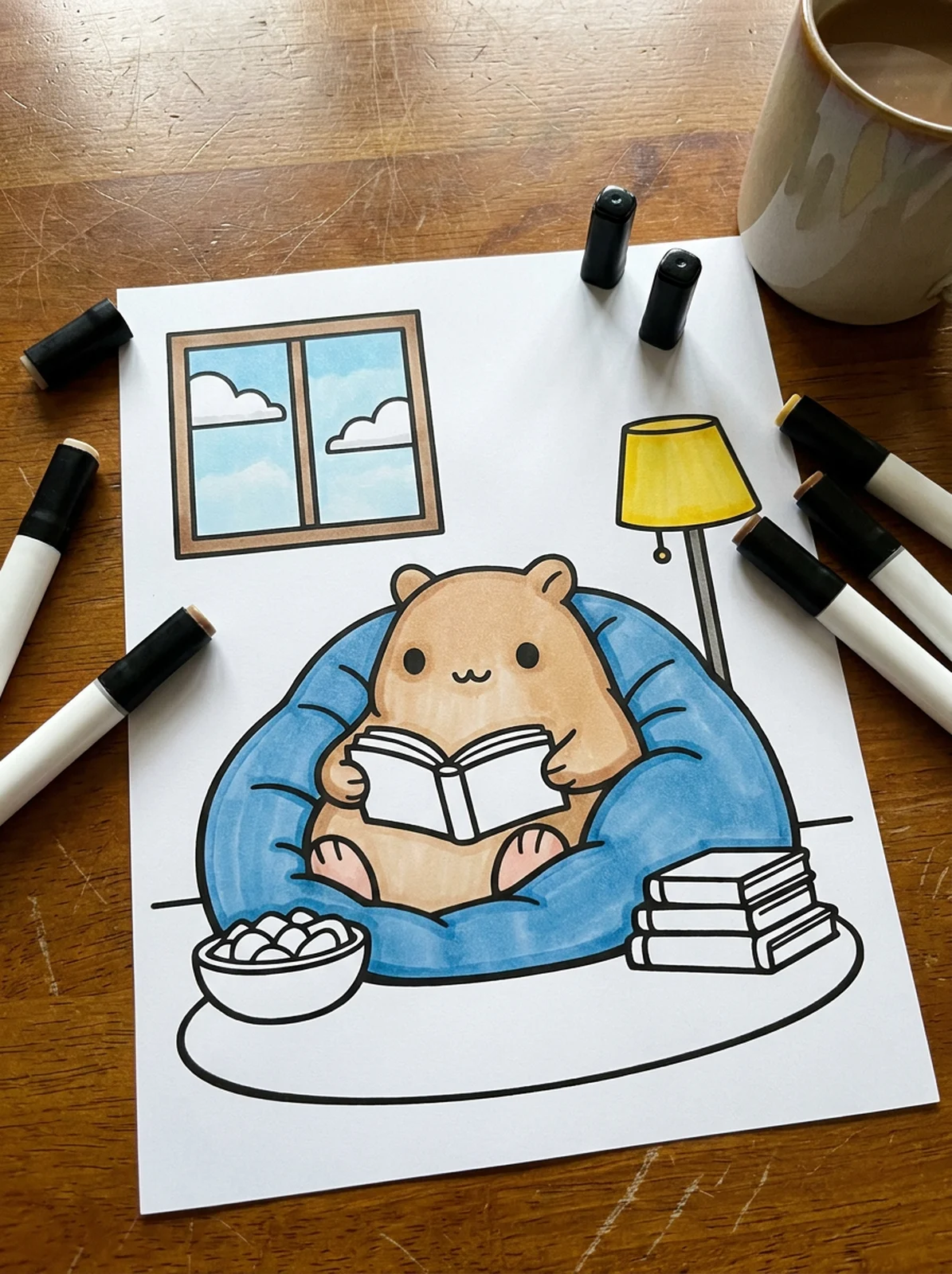 Capybara Reading in a Beanbag coloring page printed and half colored with markers