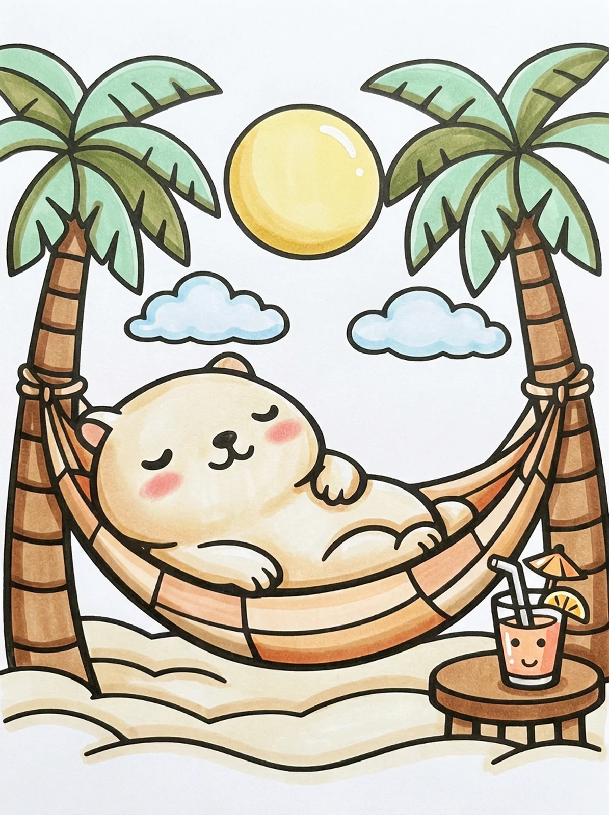 Capybara Relaxing in a Hammock coloring page, colored in