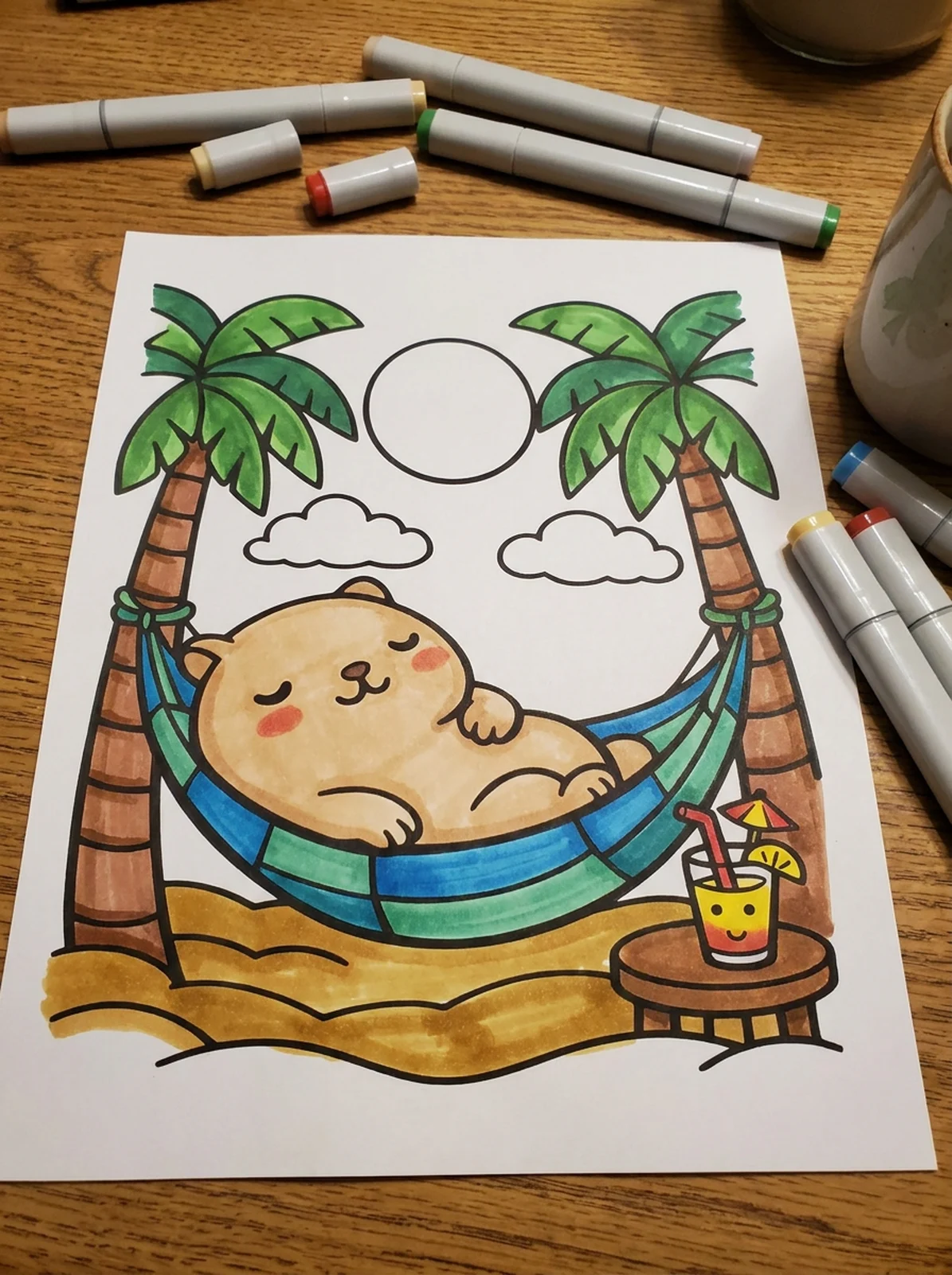 Capybara Relaxing in a Hammock coloring page printed and half colored with markers