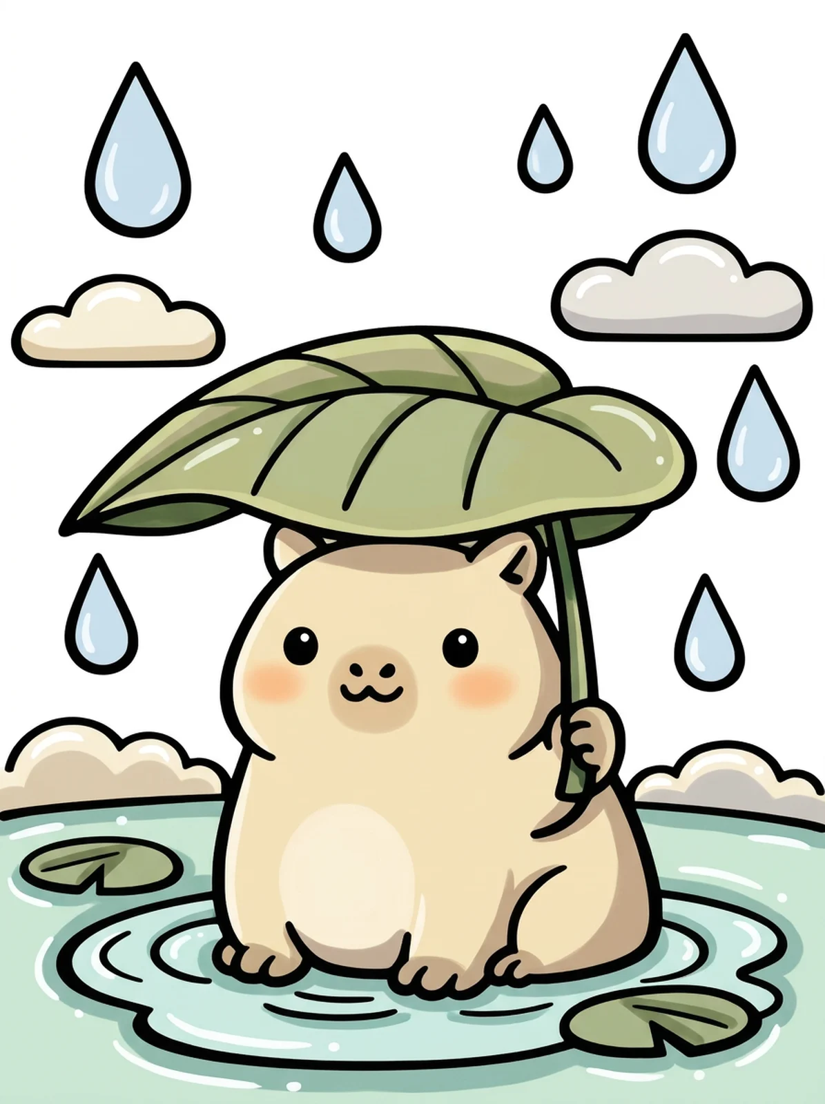 Capybara Under a Leaf Umbrella coloring page, colored in