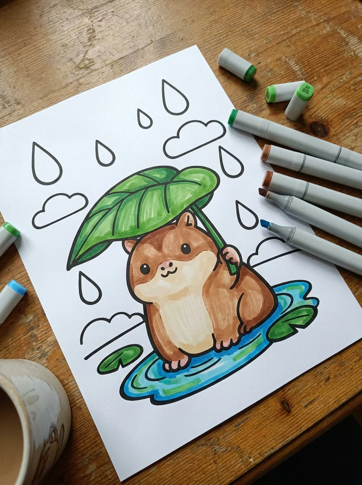 Capybara Under a Leaf Umbrella coloring page printed and half colored with markers