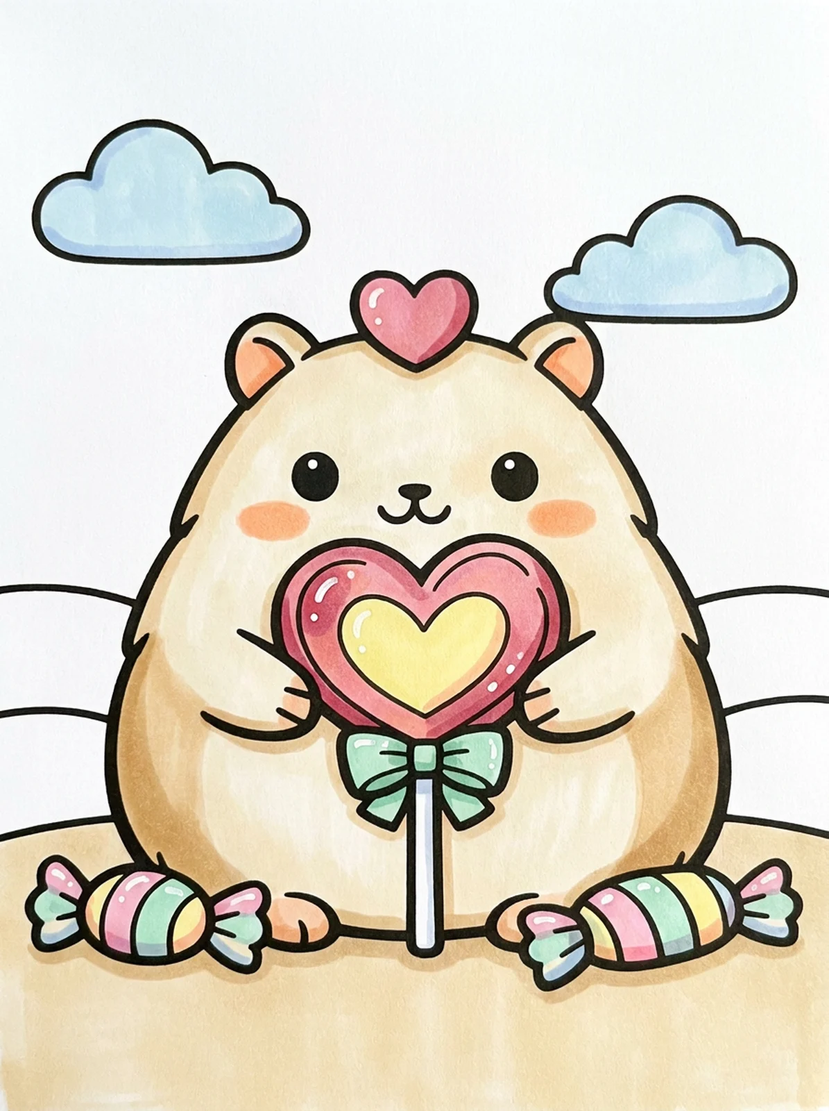 Capybara with a Heart Lollipop coloring page, colored in
