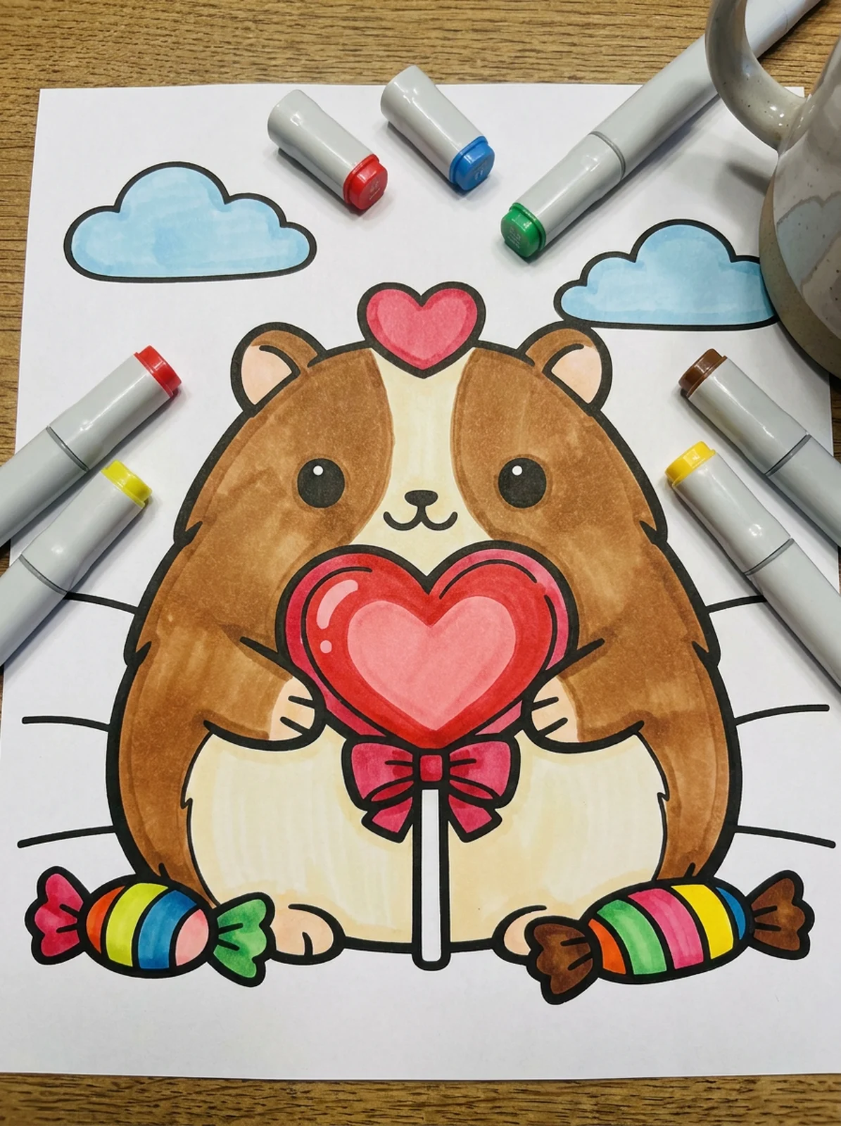 Capybara with a Heart Lollipop coloring page printed and half colored with markers