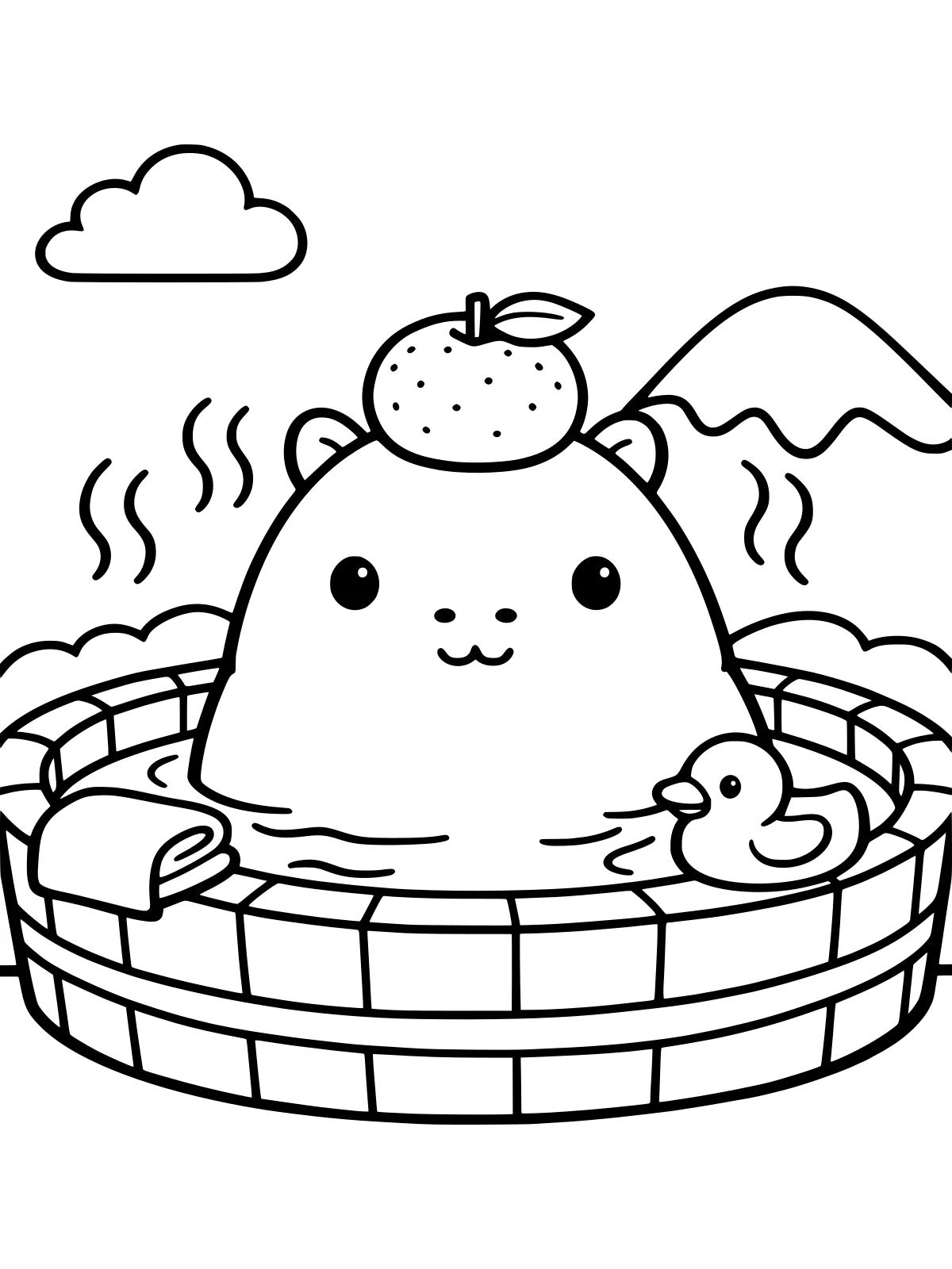 Capybara with a Yuzu on Its Head coloring page: a calm capybara soaks in a wooden tub with a yuzu balanced on its head, a folded towel and a rubber duck beside it, bold and easy line art