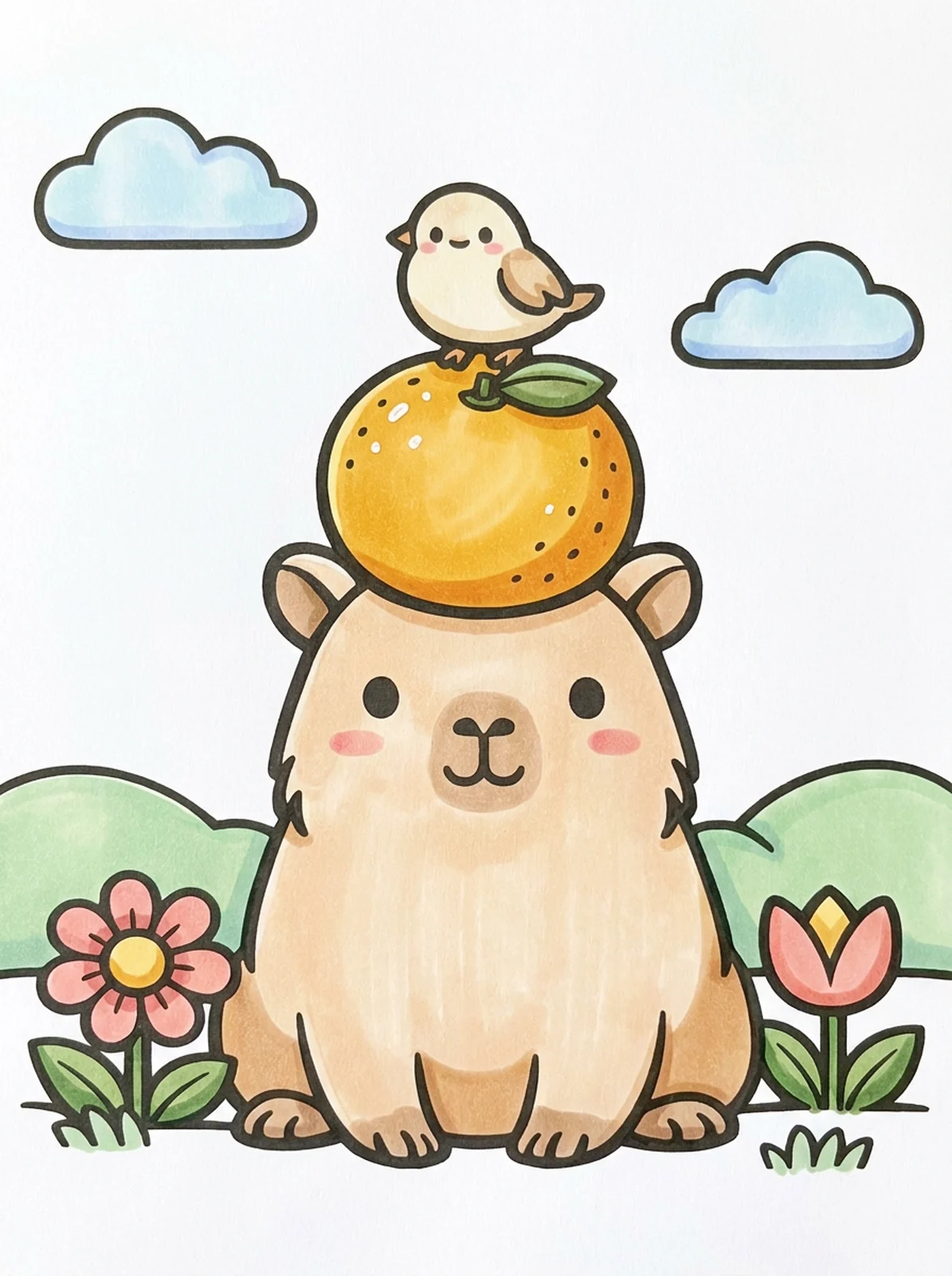 Capybara with an Orange on Its Head coloring page, colored in