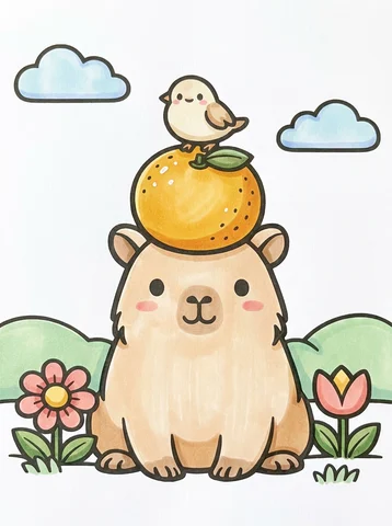 Capybara with an Orange on Its Head coloring page, colored in