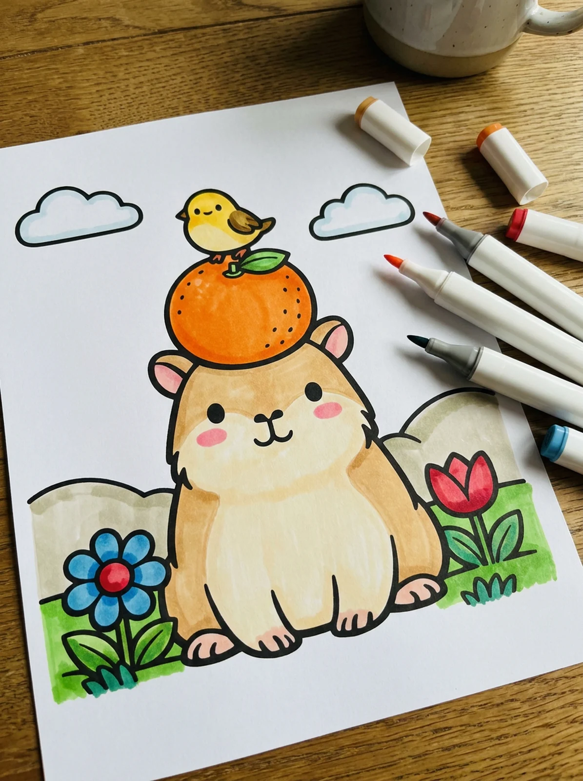 Capybara with an Orange on Its Head coloring page printed and half colored with markers