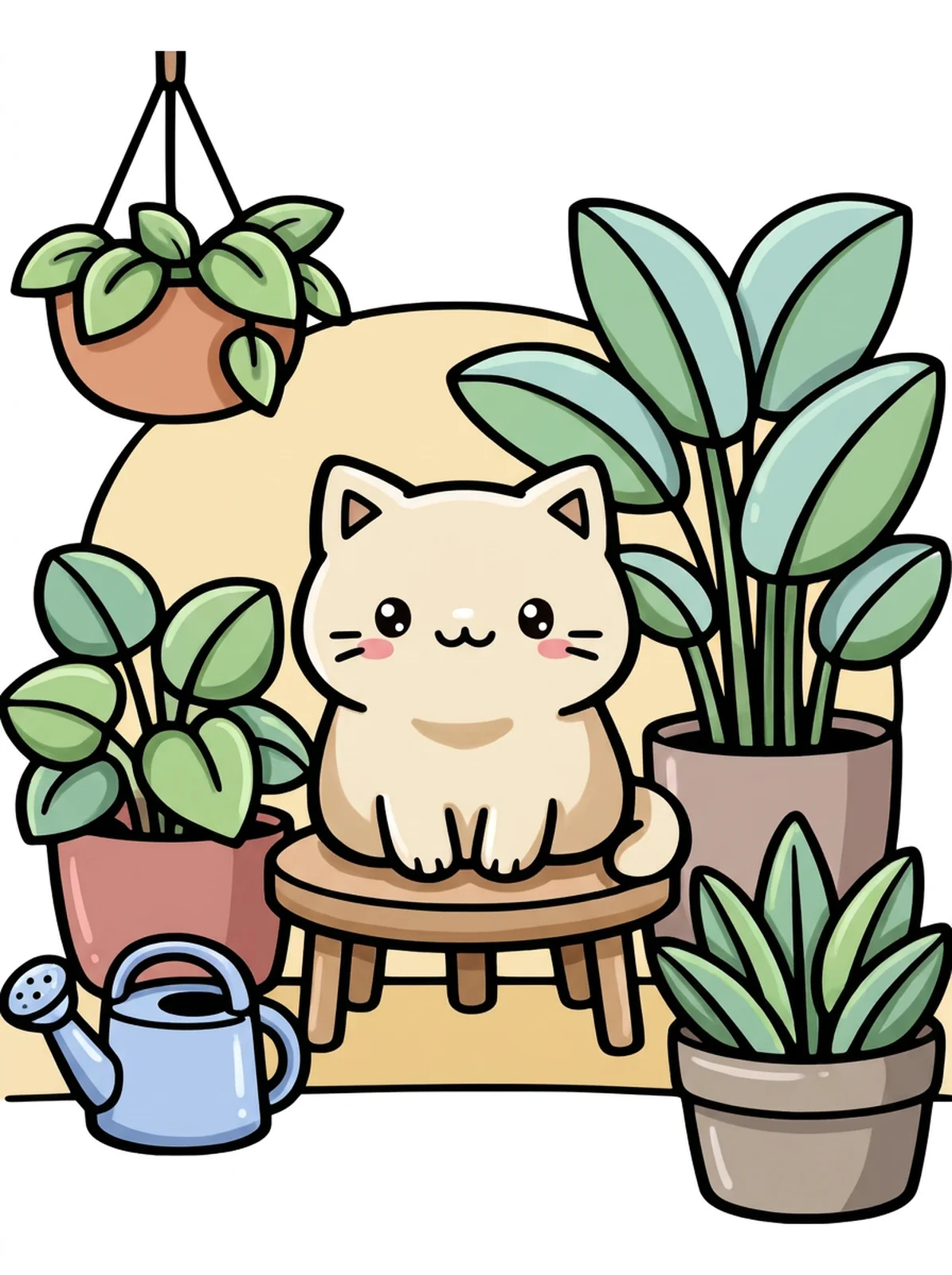 Cat Among Houseplants coloring page, colored in
